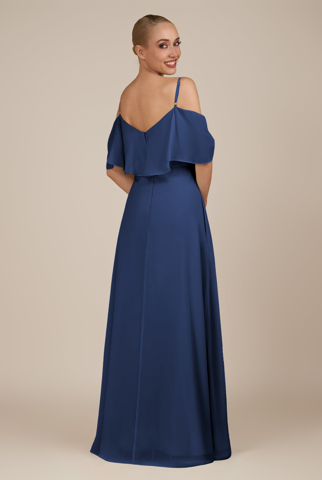 KissDress-Eira Navy A Line Chiffon Off the Shoulder Ruffled Overlay Long Bridesmaid Dress with Slit