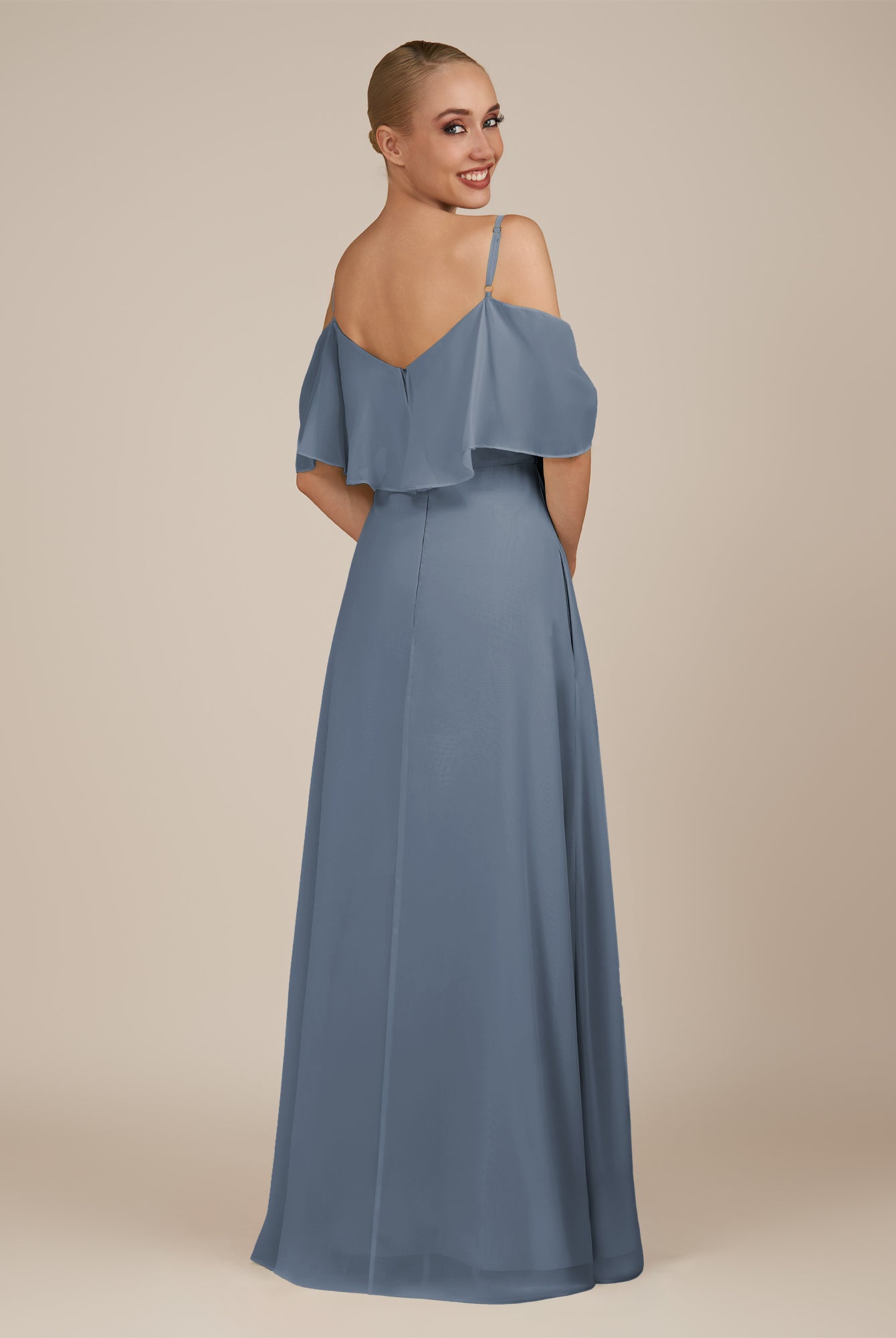 KissDress-Eira Neptune A Line Chiffon Off the Shoulder Ruffled Overlay Long Bridesmaid Dress with Slit