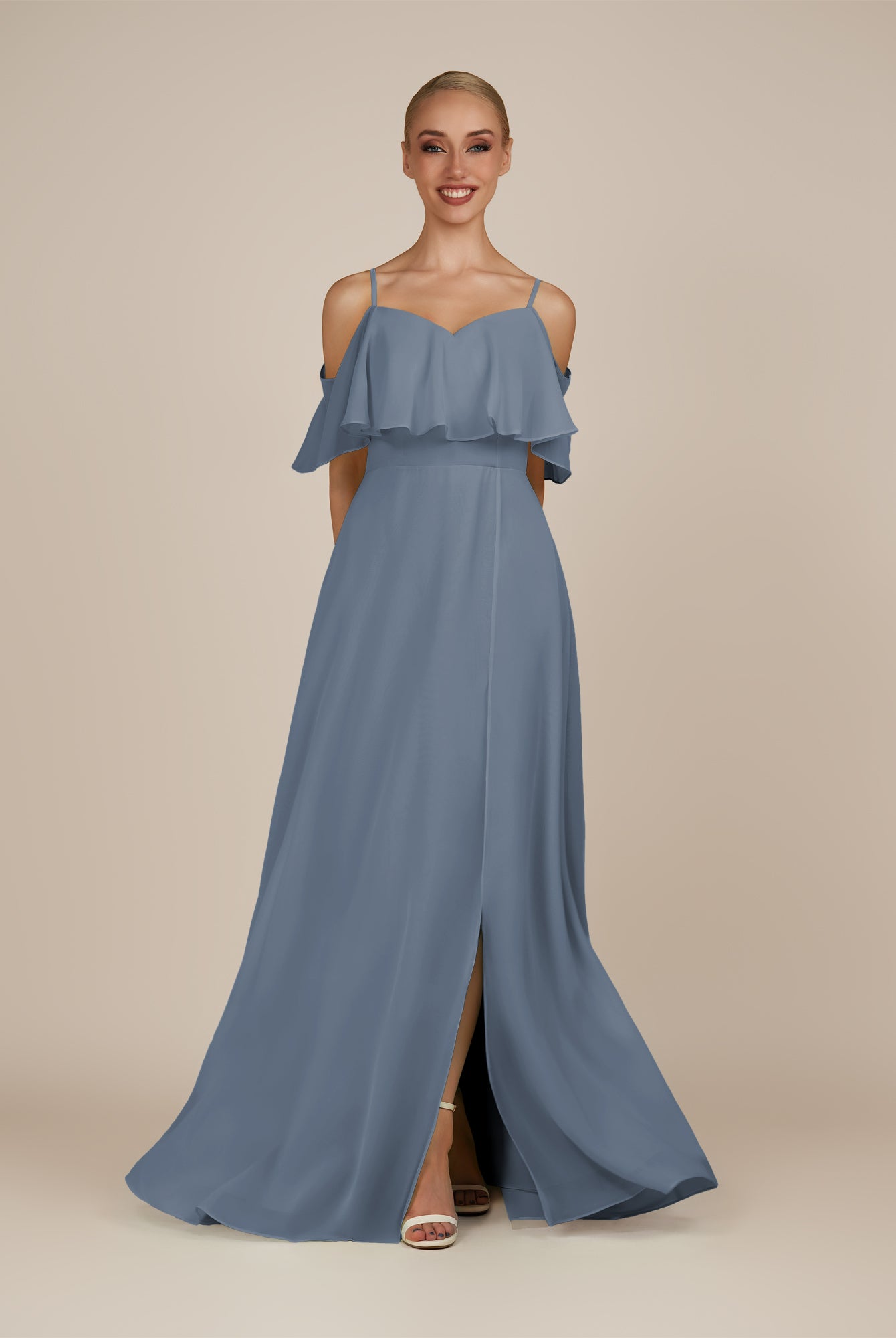 KissDress-Eira Neptune A Line Chiffon Off the Shoulder Ruffled Overlay Long Bridesmaid Dress with Slit