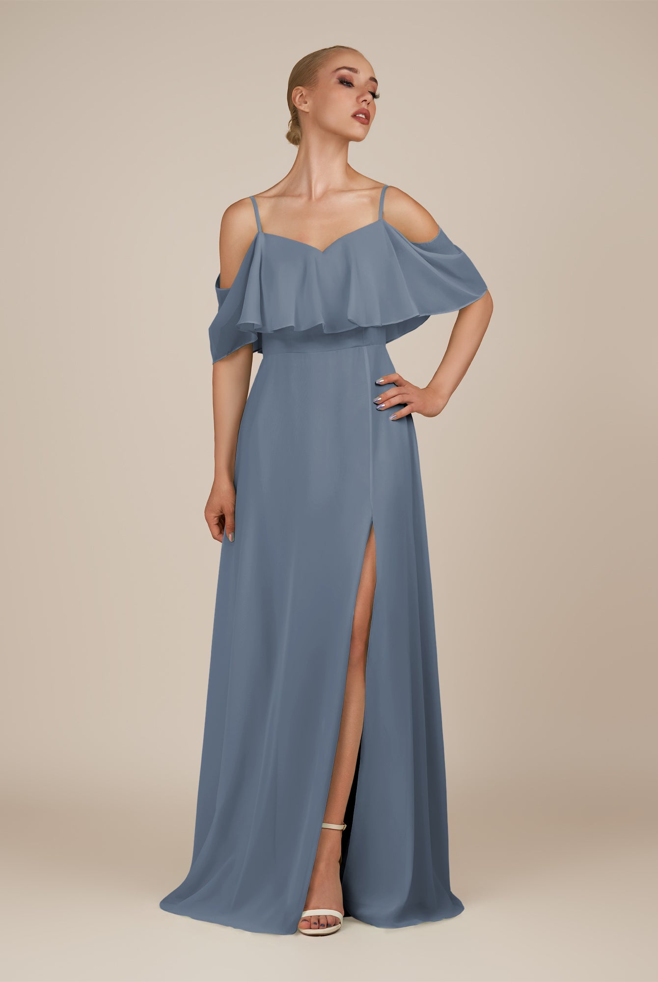 KissDress-Eira Neptune A Line Chiffon Off the Shoulder Ruffled Overlay Long Bridesmaid Dress with Slit