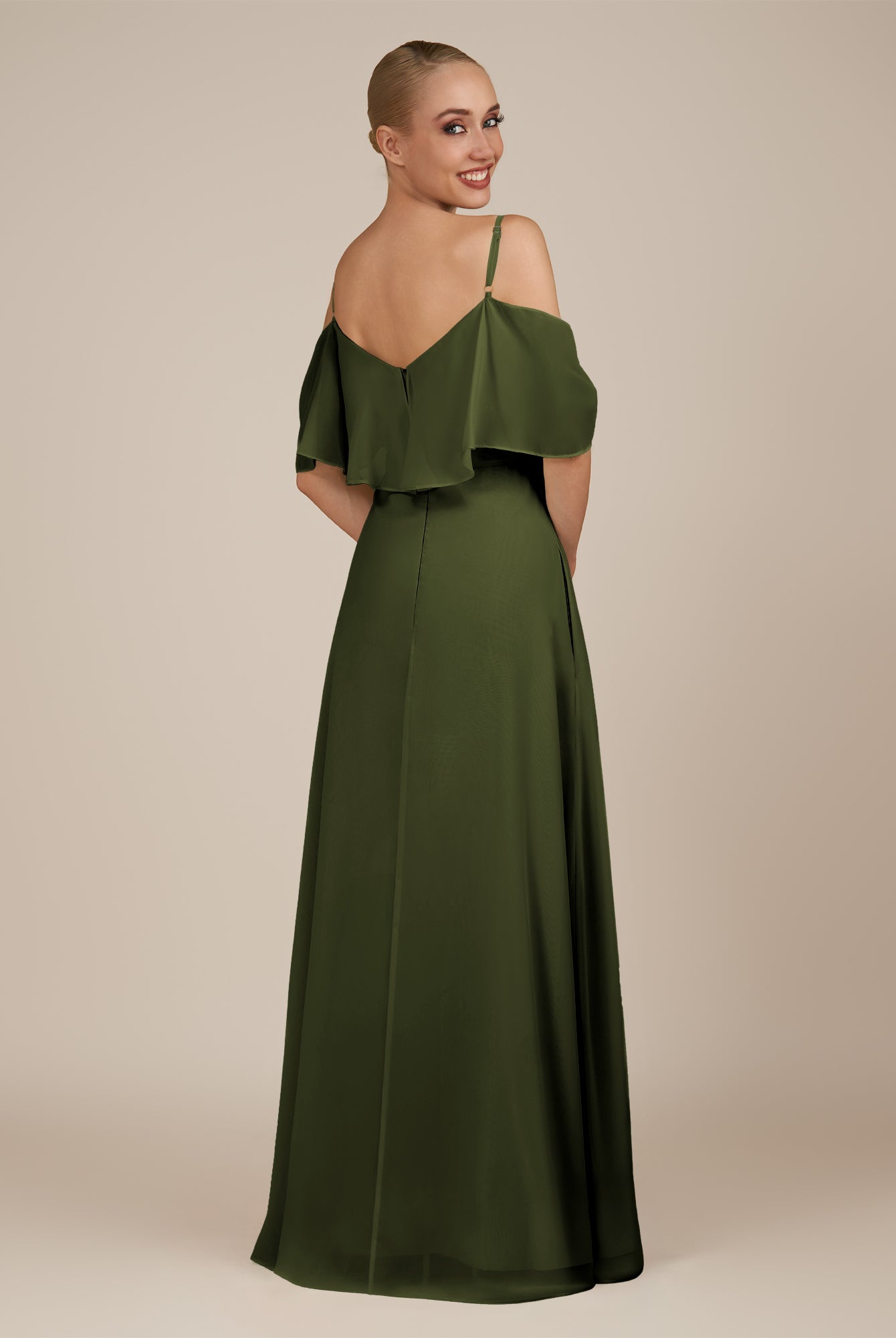 KissDress-Eira Olive A Line Chiffon Off the Shoulder Ruffled Overlay Long Bridesmaid Dress with Slit