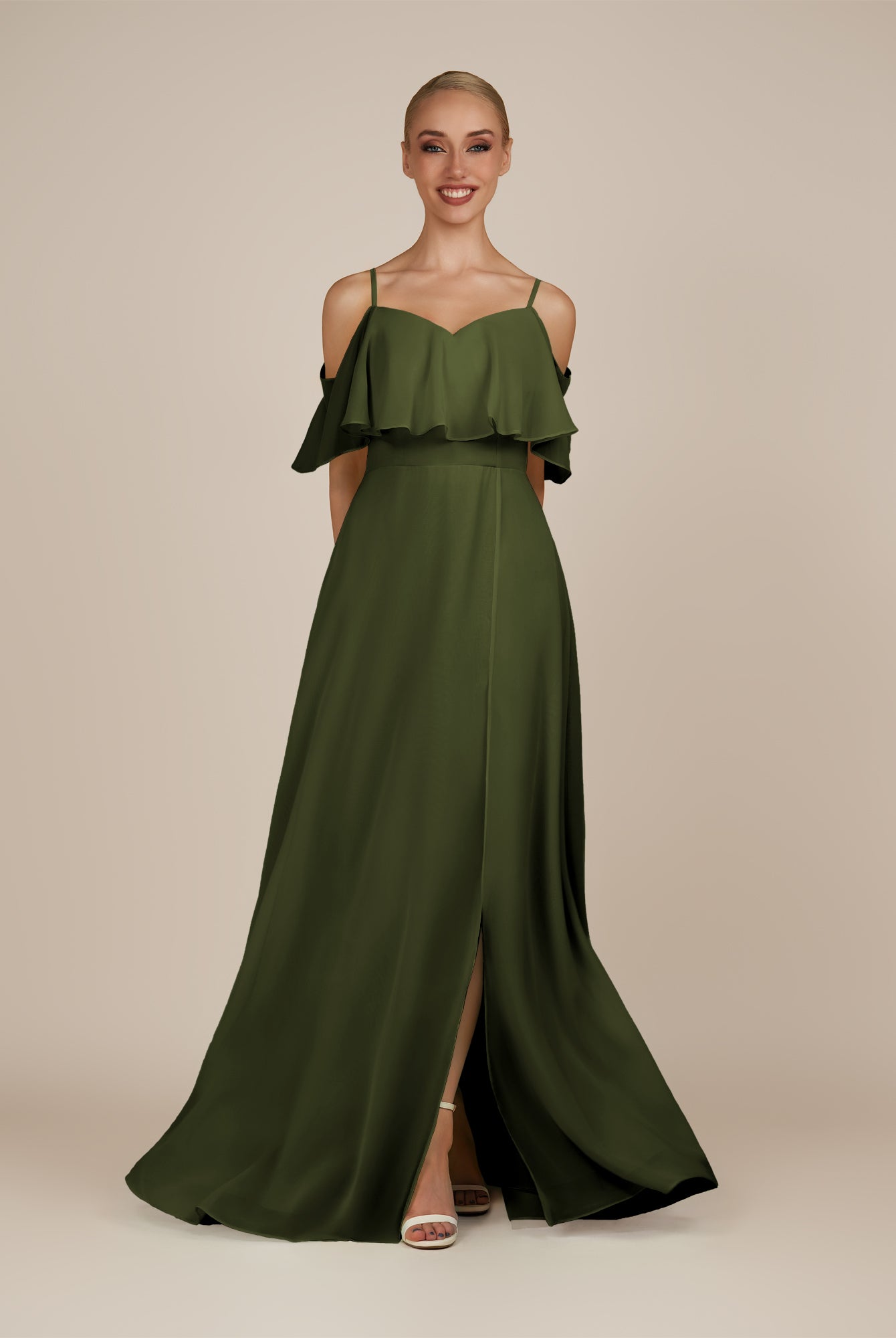 KissDress-Eira Olive A Line Chiffon Off the Shoulder Ruffled Overlay Long Bridesmaid Dress with Slit