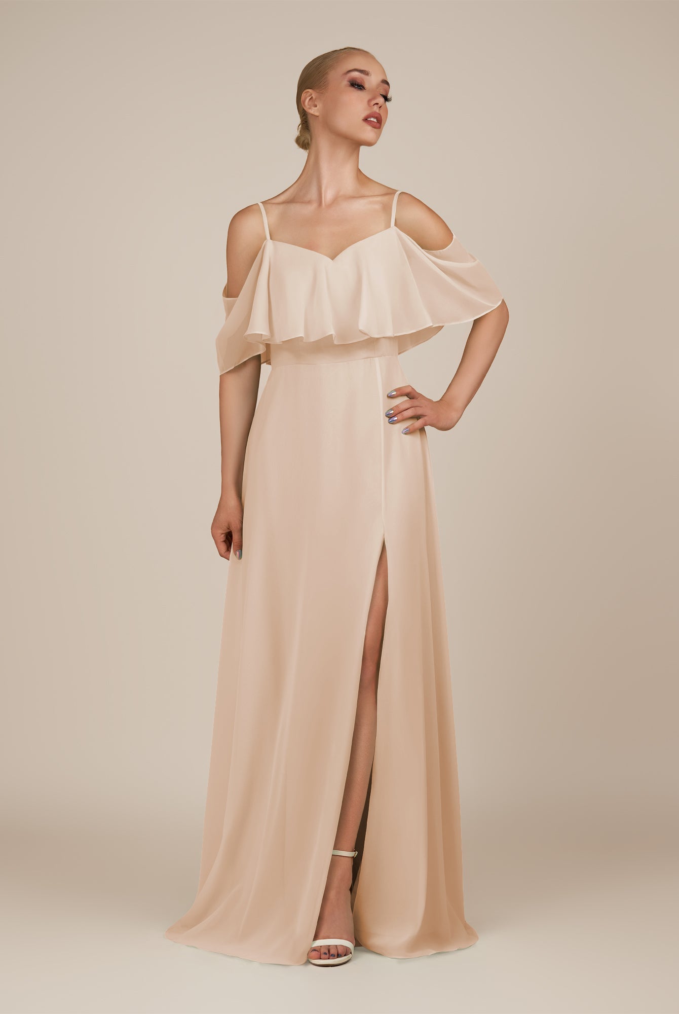 KissDress-Eira Pale Blush A Line Chiffon Off the Shoulder Ruffled Overlay Long Bridesmaid Dress with Slit