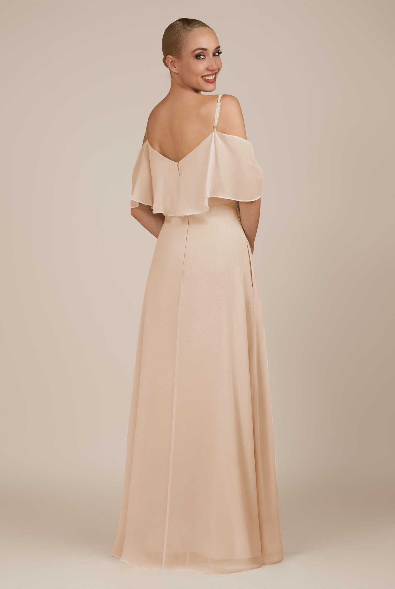 KissDress-Eira Pale Blush A Line Chiffon Off the Shoulder Ruffled Overlay Long Bridesmaid Dress with Slit