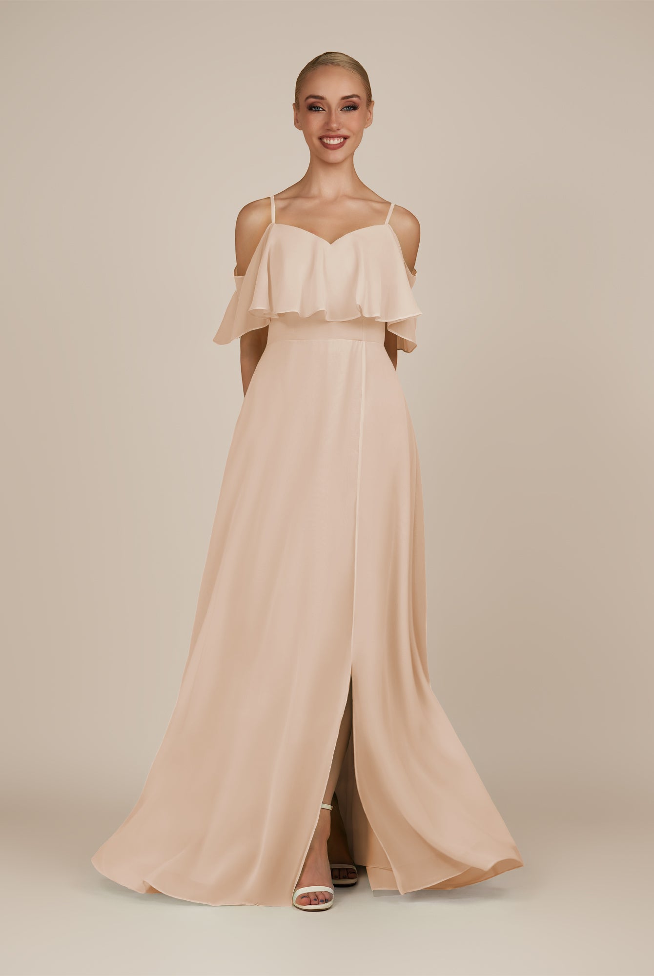 KissDress-Eira Pale Blush A Line Chiffon Off the Shoulder Ruffled Overlay Long Bridesmaid Dress with Slit
