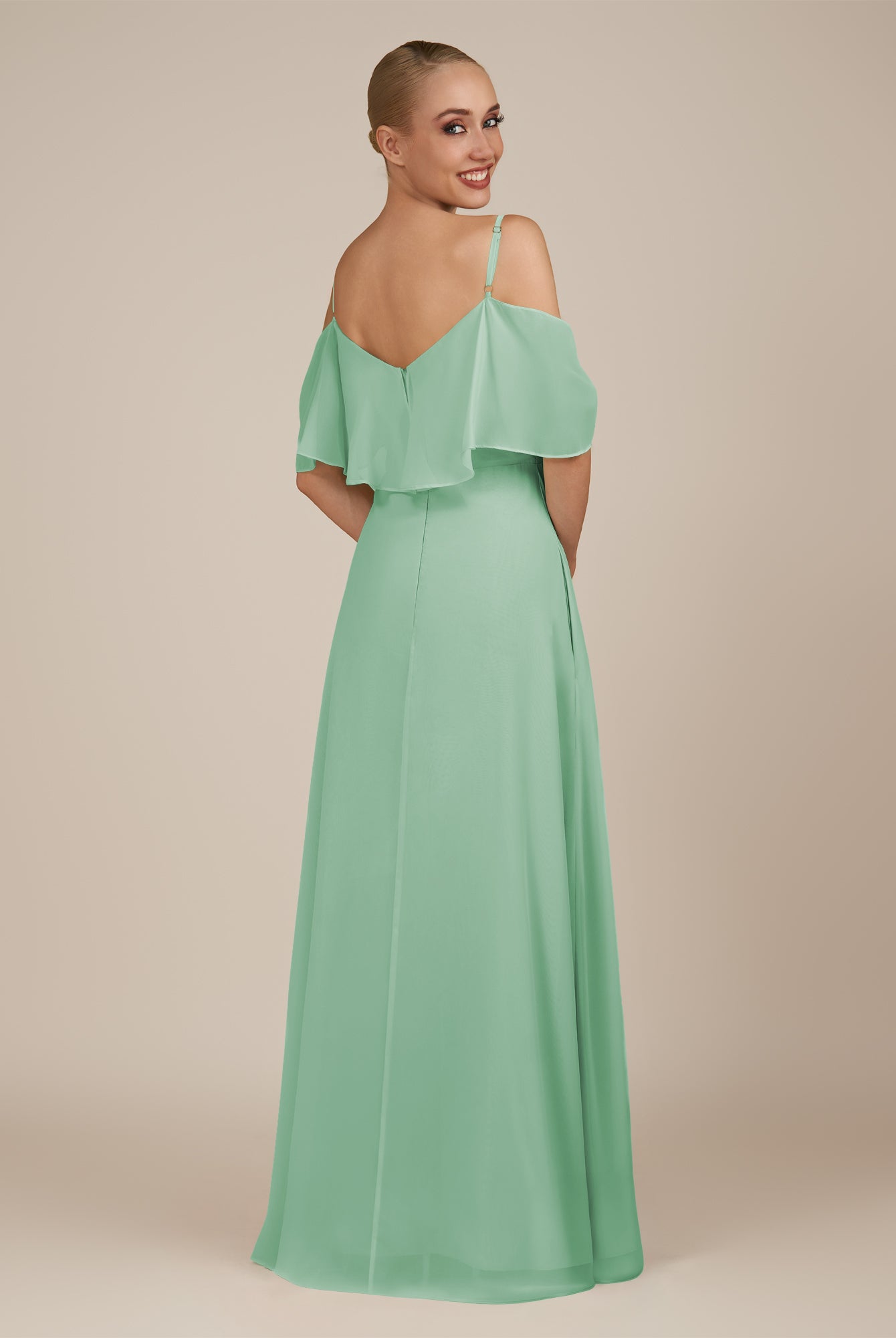 KissDress-Eira Pale Pistachio A Line Chiffon Off the Shoulder Ruffled Overlay Long Bridesmaid Dress with Slit