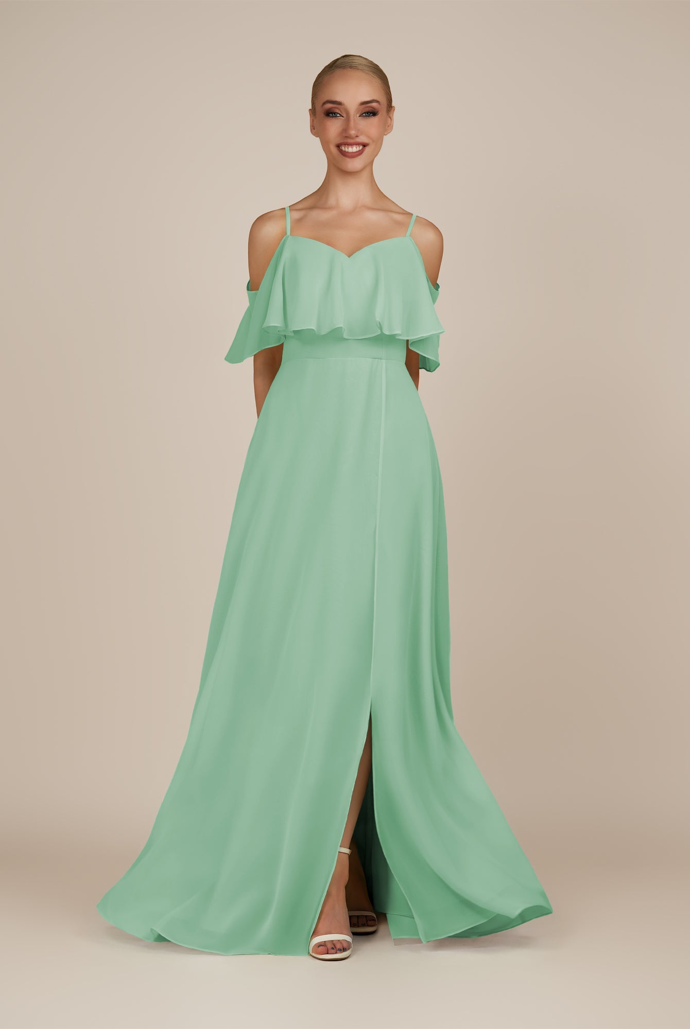 KissDress-Eira Pale Pistachio A Line Chiffon Off the Shoulder Ruffled Overlay Long Bridesmaid Dress with Slit