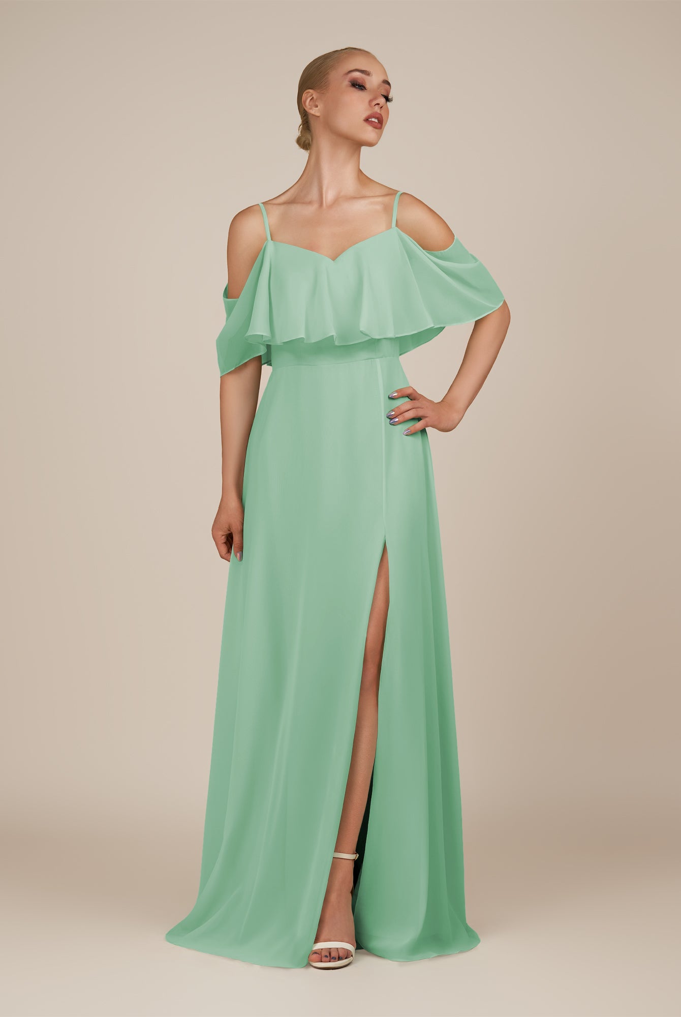 KissDress-Eira Pale Pistachio A Line Chiffon Off the Shoulder Ruffled Overlay Long Bridesmaid Dress with Slit