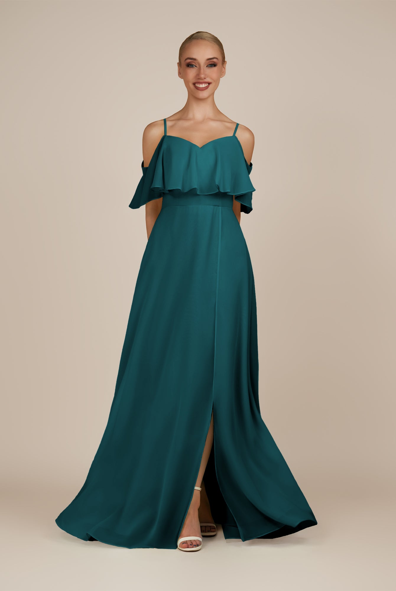 KissDress-Eira Pine A Line Chiffon Off the Shoulder Ruffled Overlay Long Bridesmaid Dress with Slit