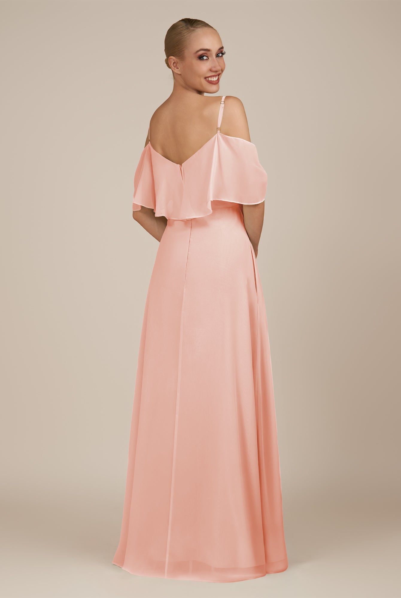 KissDress-Eira Rose Petal A Line Chiffon Off the Shoulder Ruffled Overlay Long Bridesmaid Dress with Slit