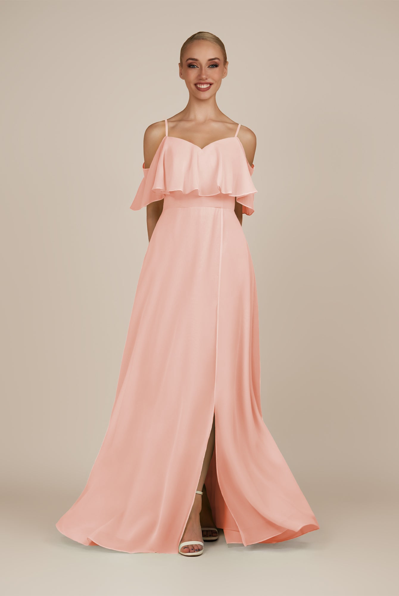 KissDress-Eira Rose Petal A Line Chiffon Off the Shoulder Ruffled Overlay Long Bridesmaid Dress with Slit