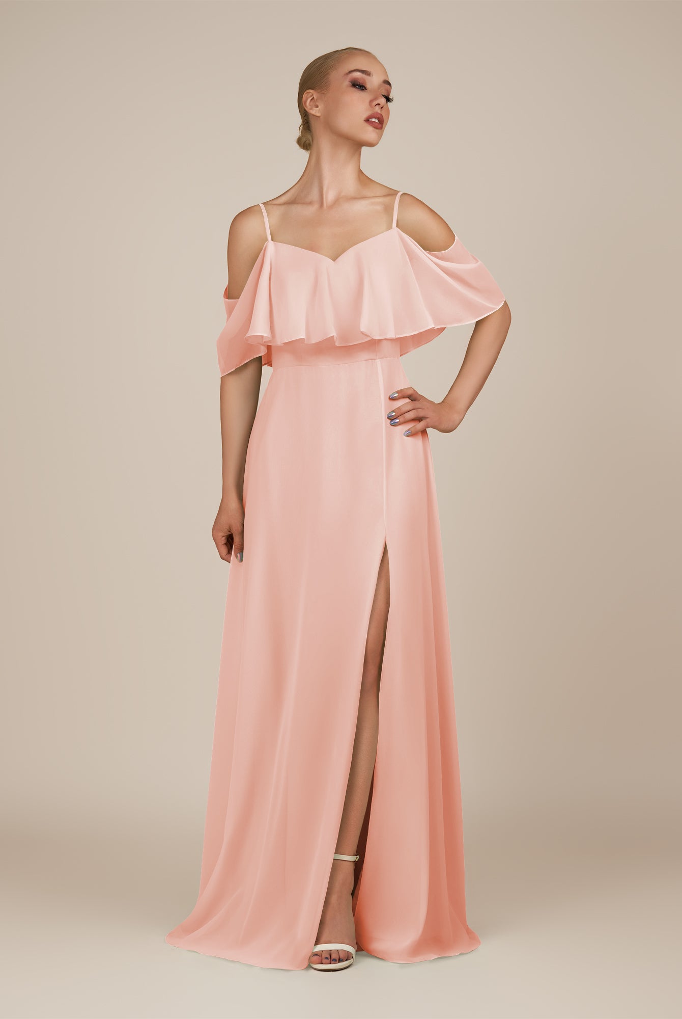 KissDress-Eira Rose Petal A Line Chiffon Off the Shoulder Ruffled Overlay Long Bridesmaid Dress with Slit