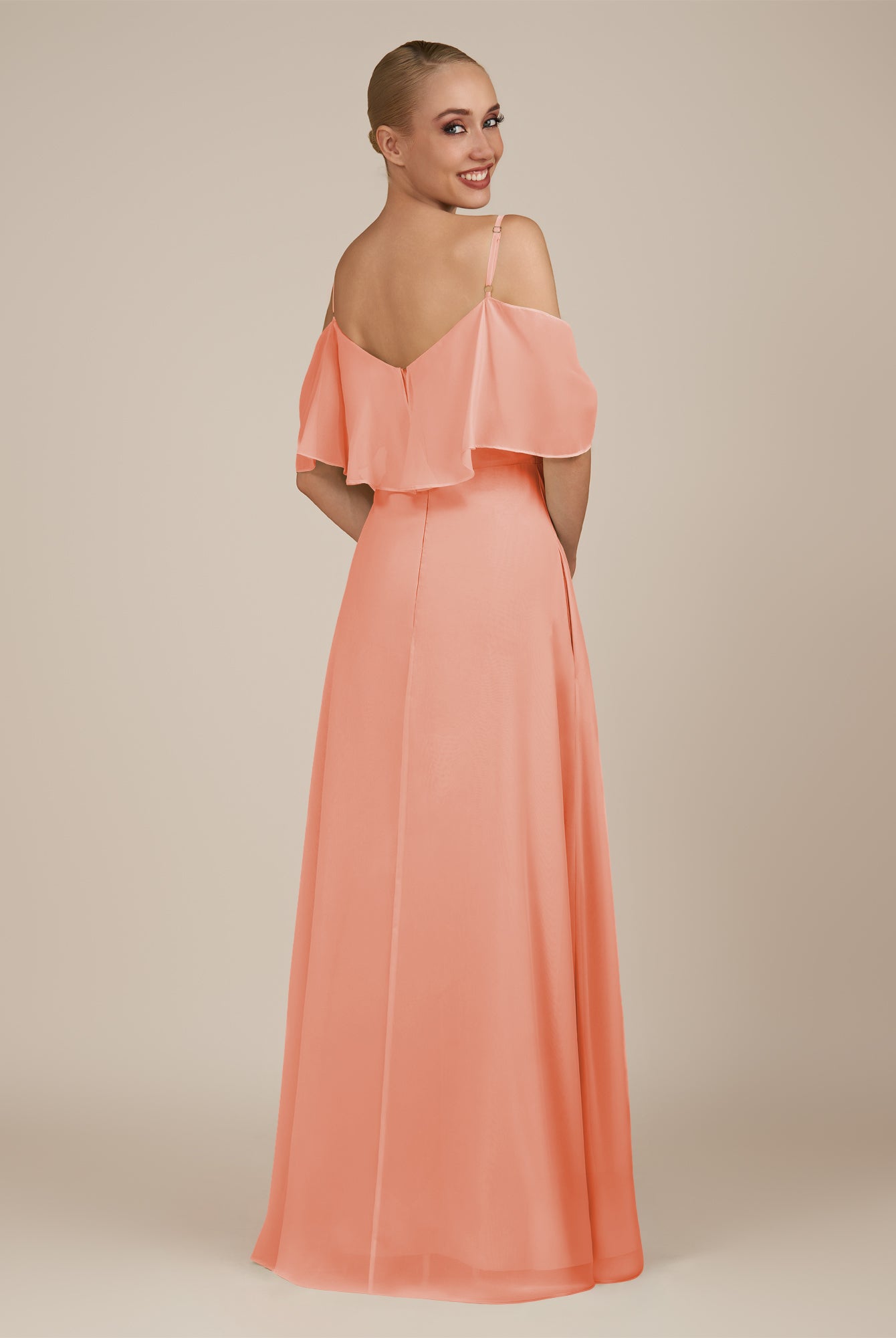 KissDress-Eira Rosette A Line Chiffon Off the Shoulder Ruffled Overlay Long Bridesmaid Dress with Slit