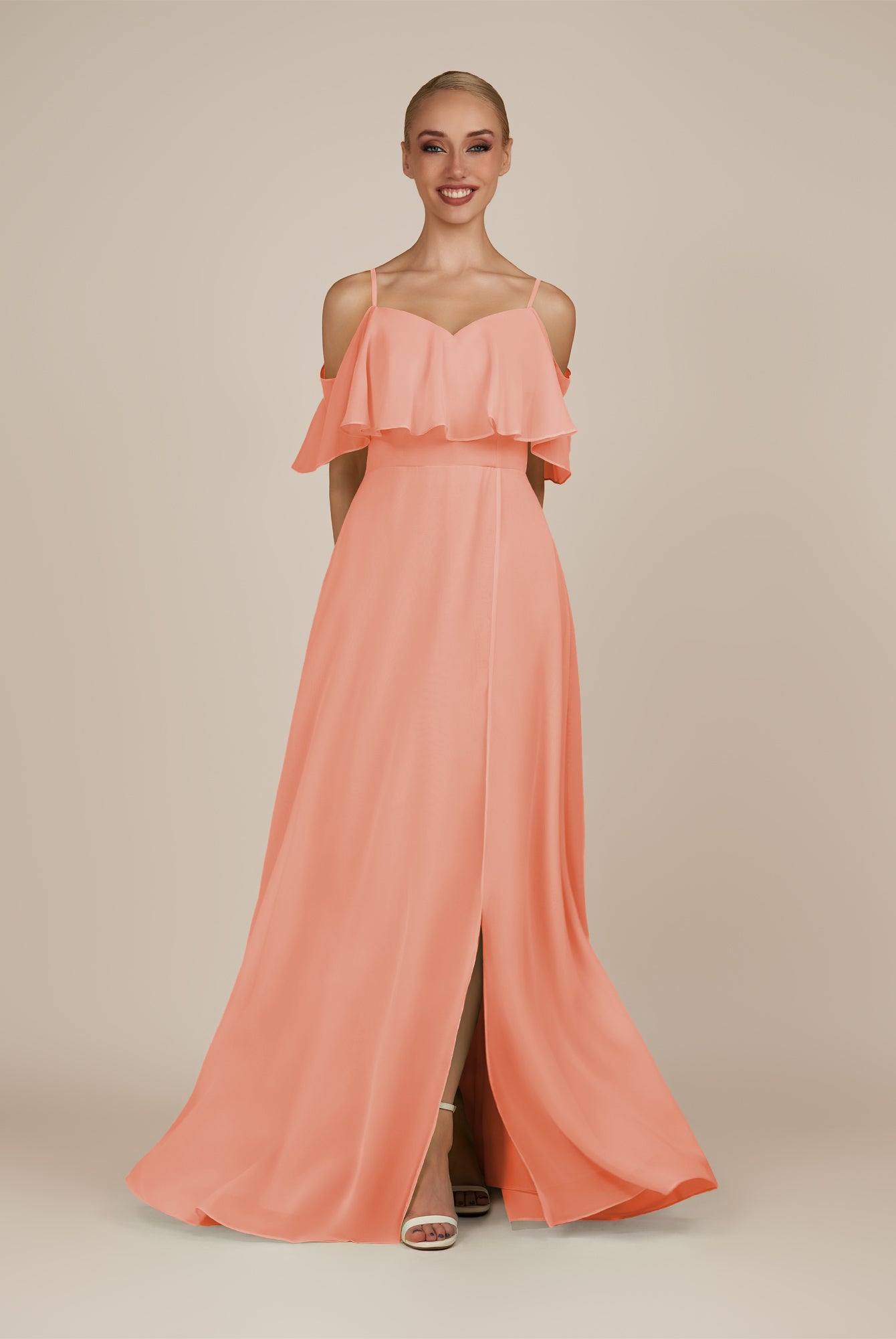 KissDress-Eira Rosette A Line Chiffon Off the Shoulder Ruffled Overlay Long Bridesmaid Dress with Slit