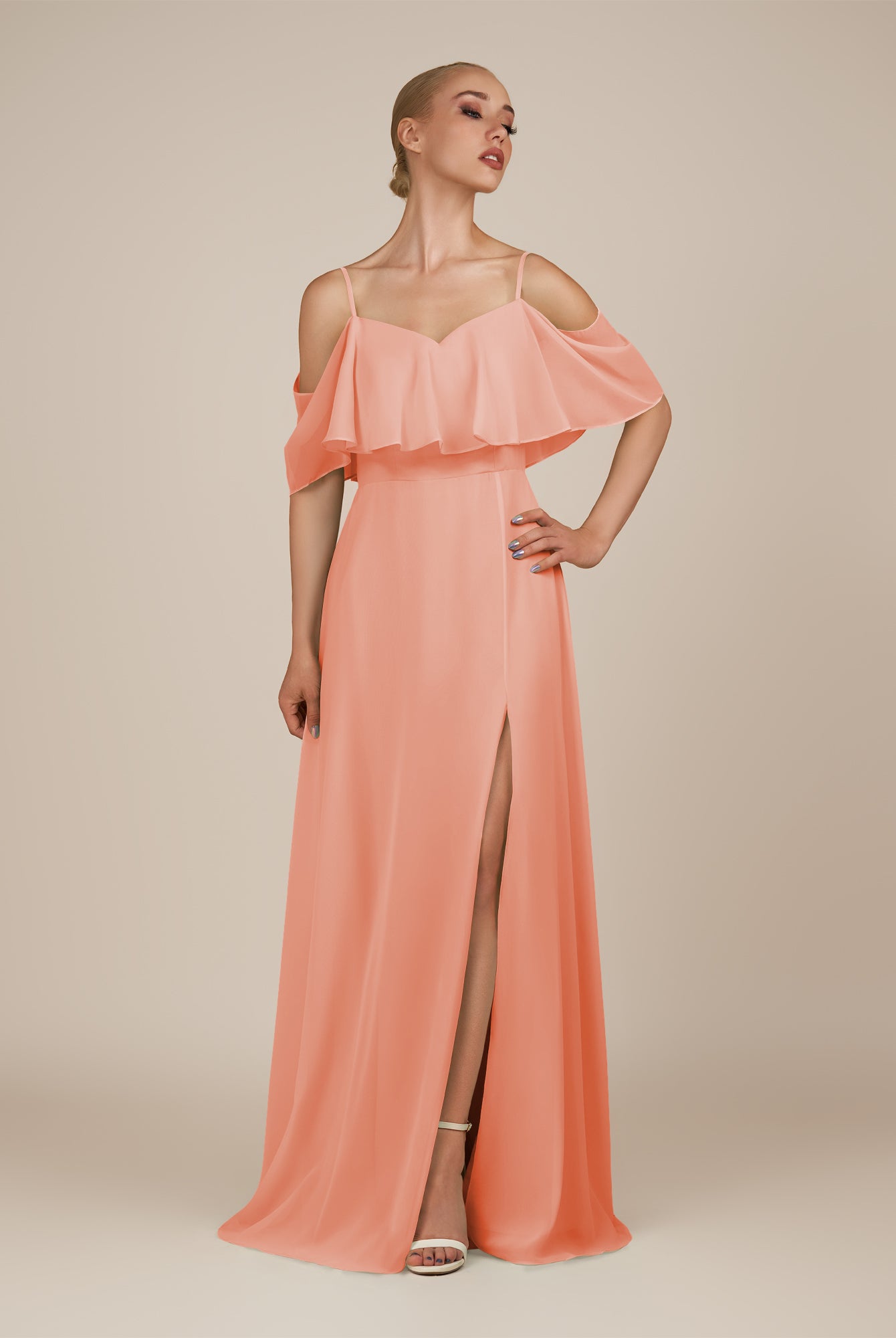 KissDress-Eira Rosette A Line Chiffon Off the Shoulder Ruffled Overlay Long Bridesmaid Dress with Slit