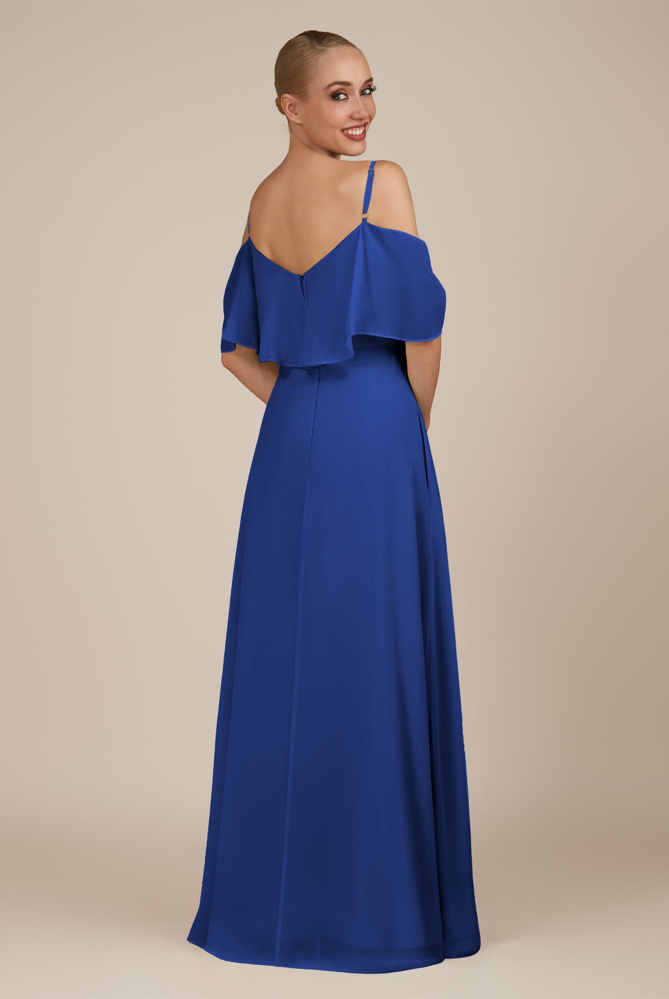 KissDress-Eira Royal Blue A Line Chiffon Off the Shoulder Ruffled Overlay Long Bridesmaid Dress with Slit