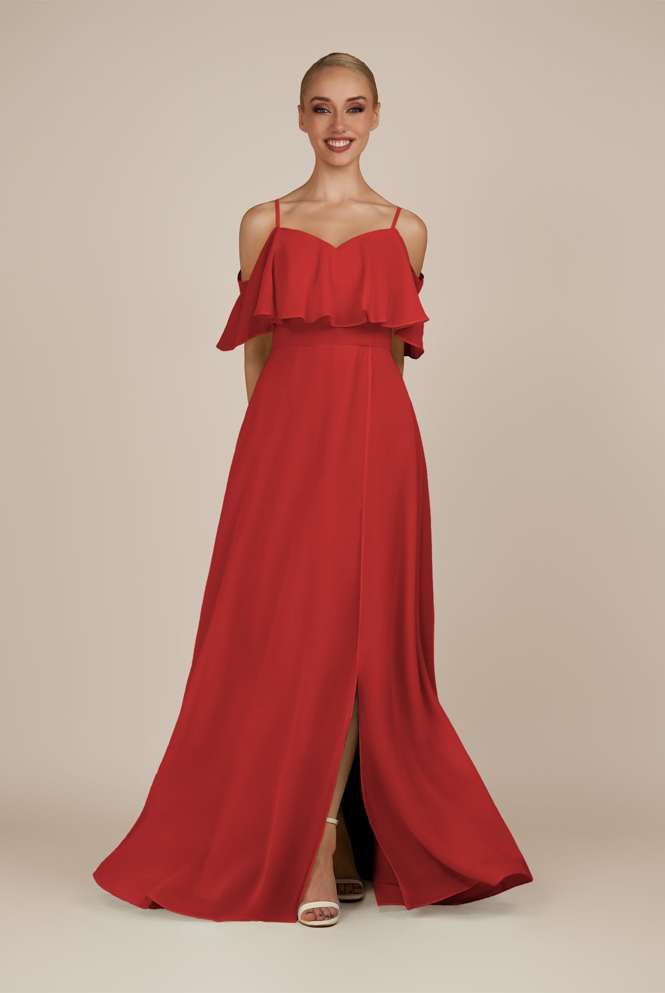 KissDress-Eira Ruby Red A Line Chiffon Off the Shoulder Ruffled Overlay Long Bridesmaid Dress with Slit