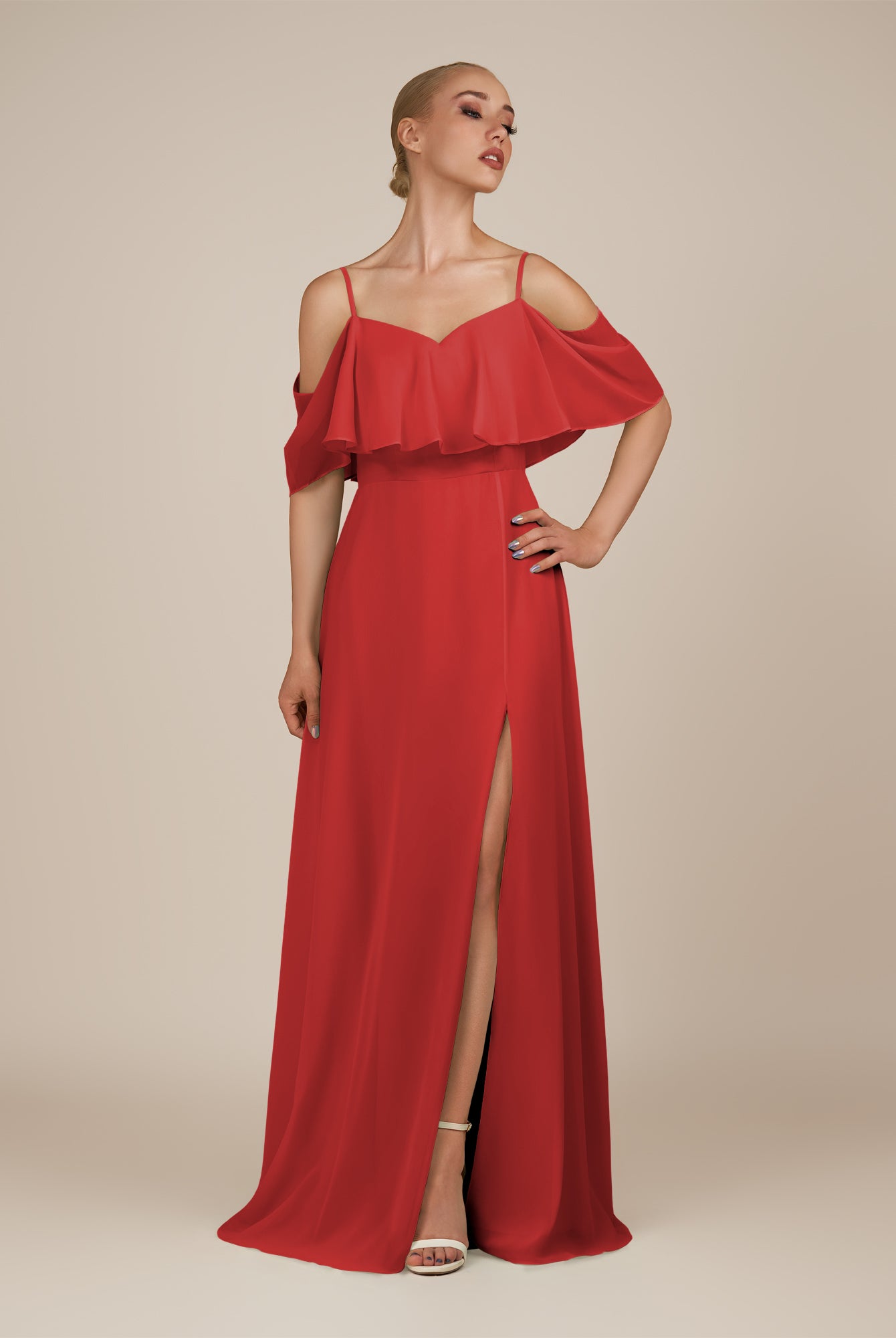 KissDress-Eira Ruby Red A Line Chiffon Off the Shoulder Ruffled Overlay Long Bridesmaid Dress with Slit