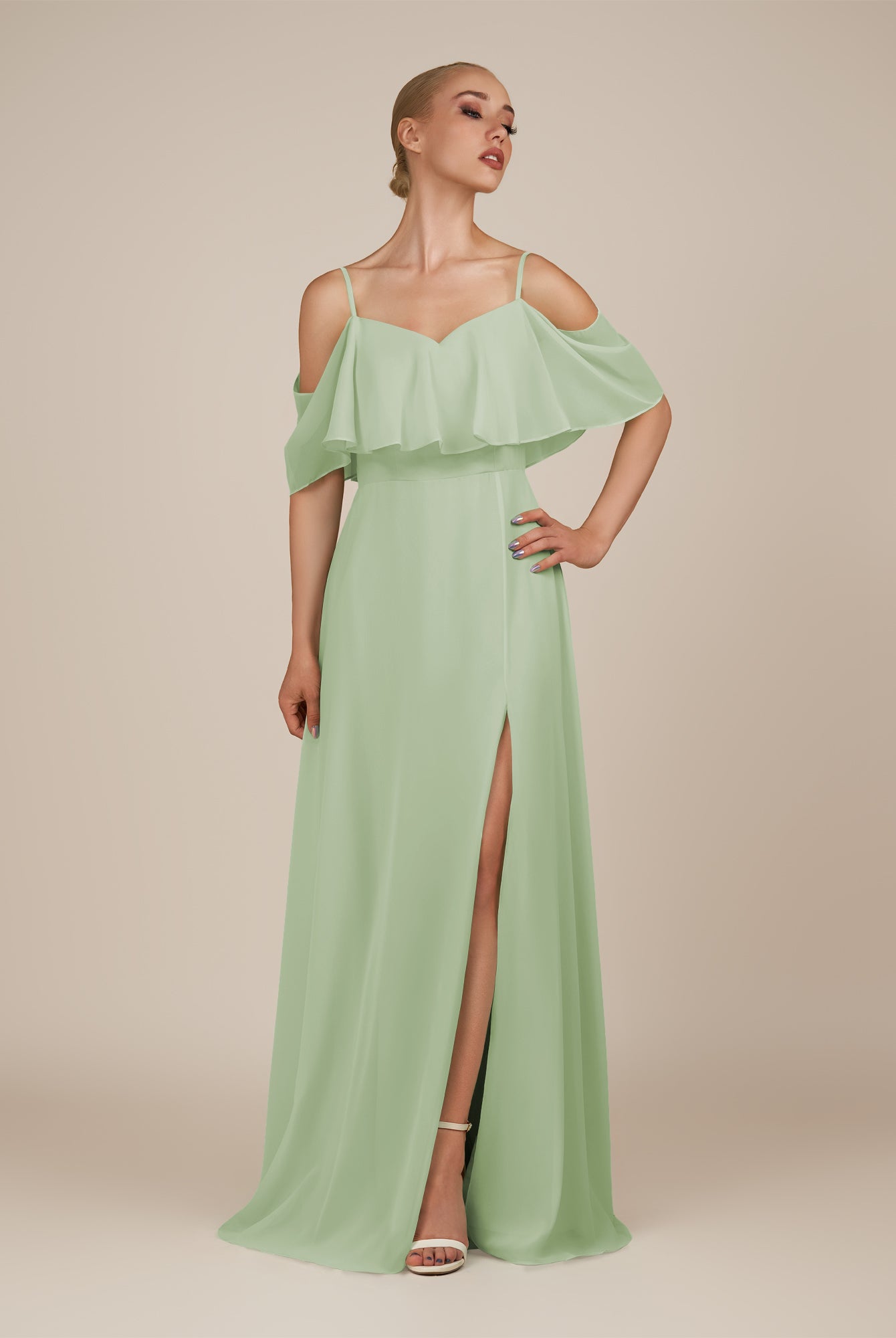 KissDress-Eira Sage A Line Chiffon Off the Shoulder Ruffled Overlay Long Bridesmaid Dress with Slit