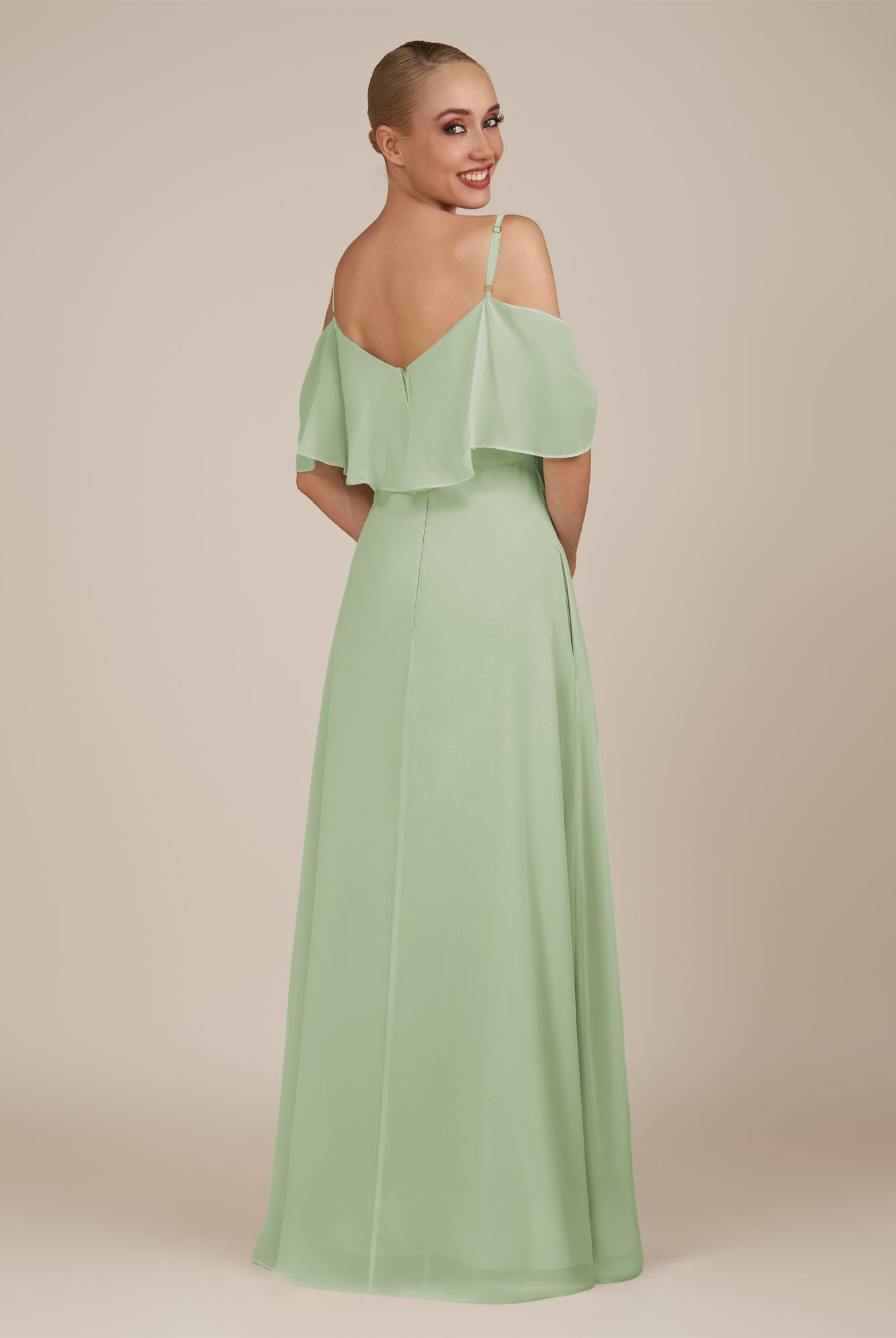 KissDress-Eira Sage A Line Chiffon Off the Shoulder Ruffled Overlay Long Bridesmaid Dress with Slit