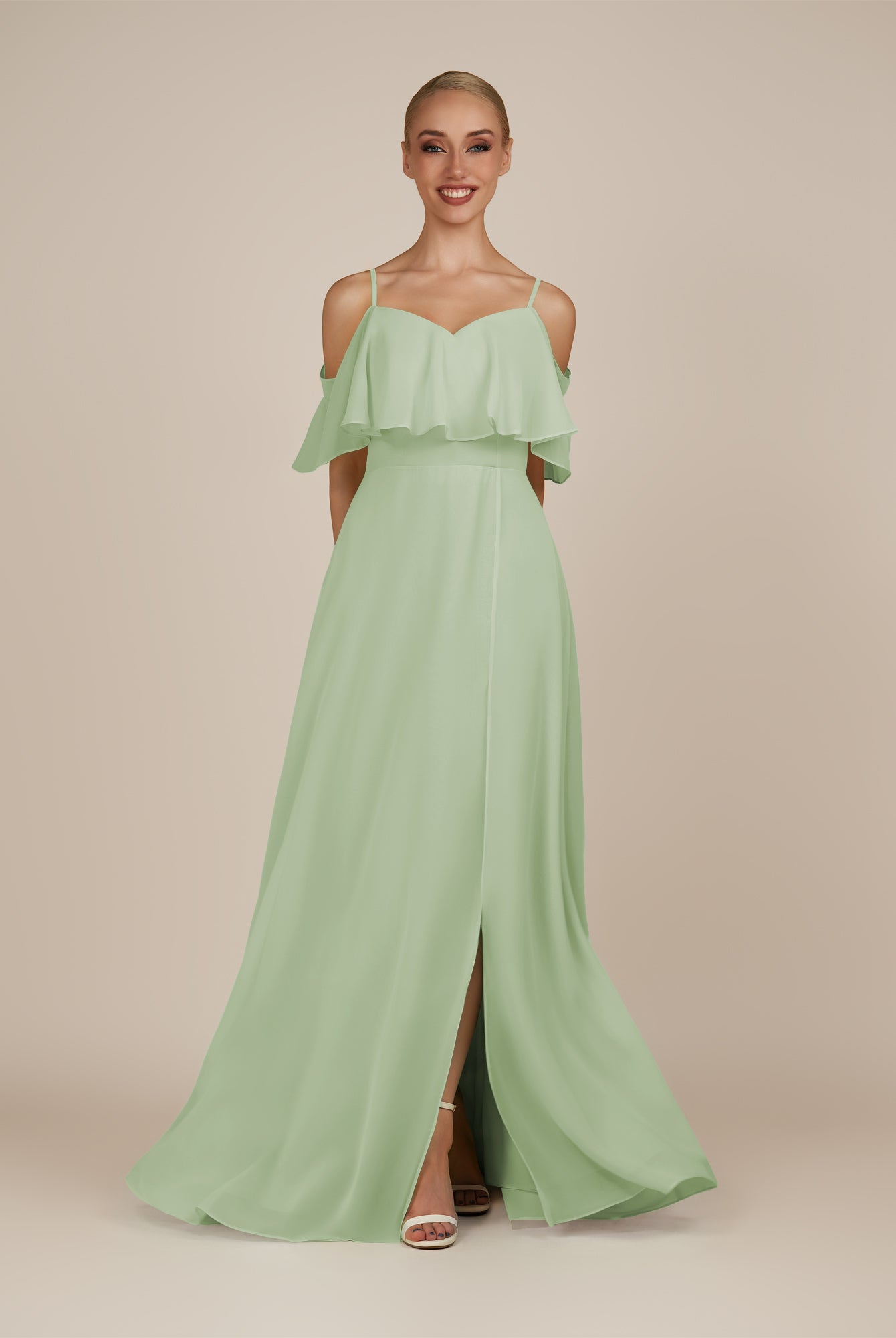 KissDress-Eira Sage A Line Chiffon Off the Shoulder Ruffled Overlay Long Bridesmaid Dress with Slit