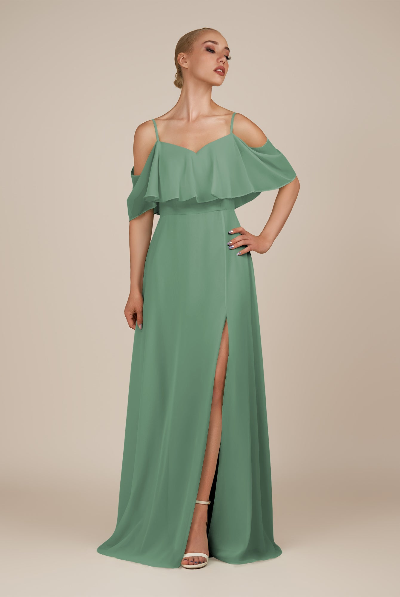 KissDress-Eira Sea Glass A Line Chiffon Off the Shoulder Ruffled Overlay Long Bridesmaid Dress with Slit