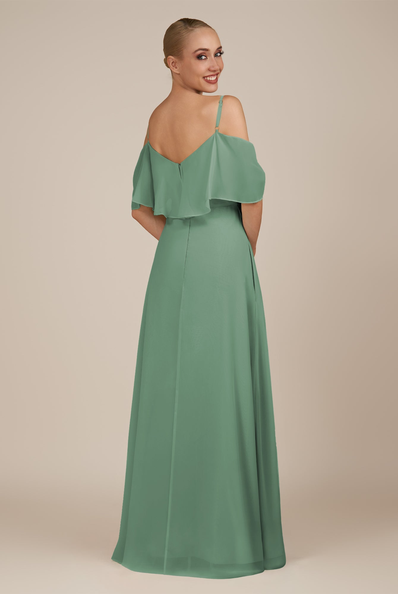 KissDress-Eira Sea Glass A Line Chiffon Off the Shoulder Ruffled Overlay Long Bridesmaid Dress with Slit
