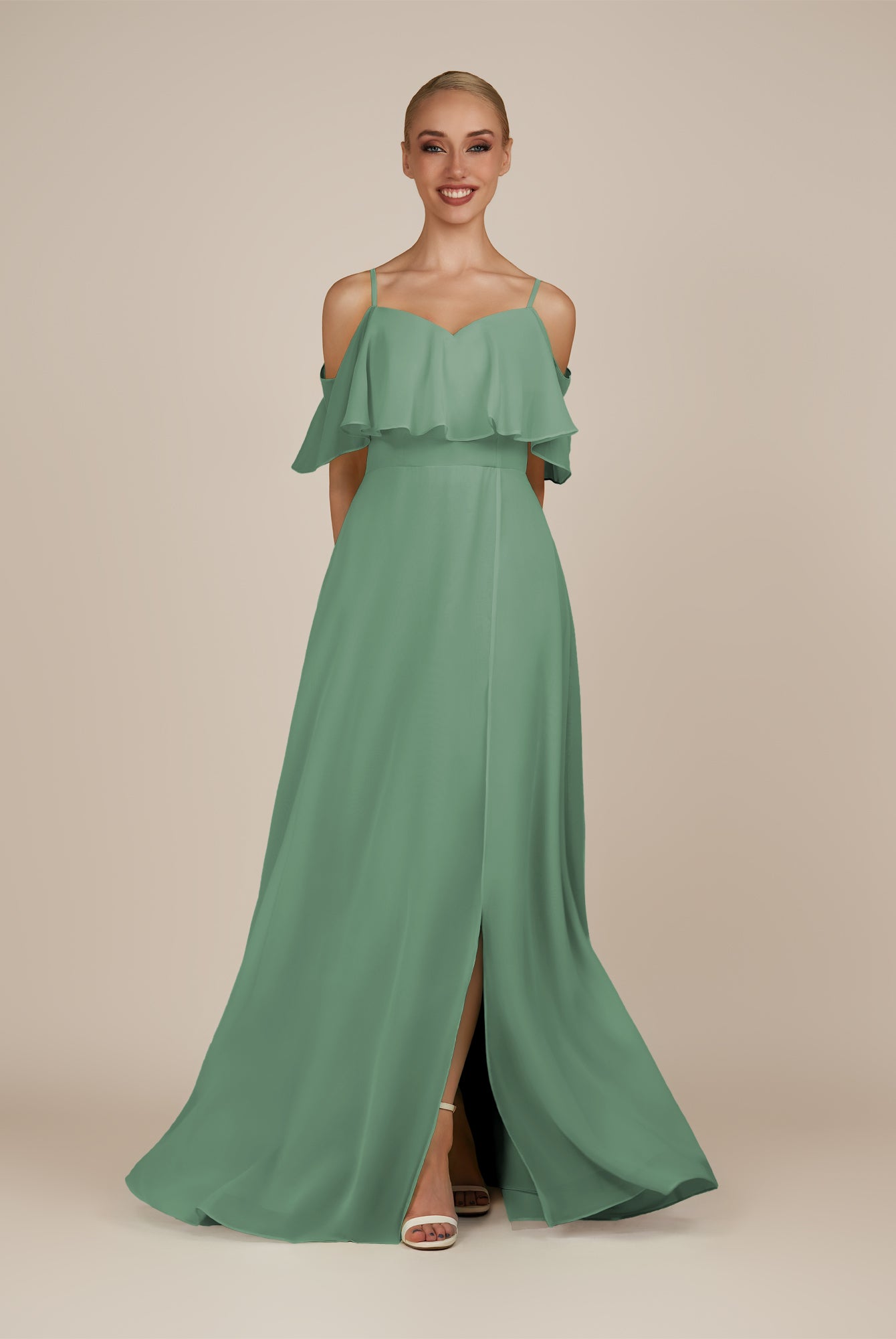 KissDress-Eira Sea Glass A Line Chiffon Off the Shoulder Ruffled Overlay Long Bridesmaid Dress with Slit
