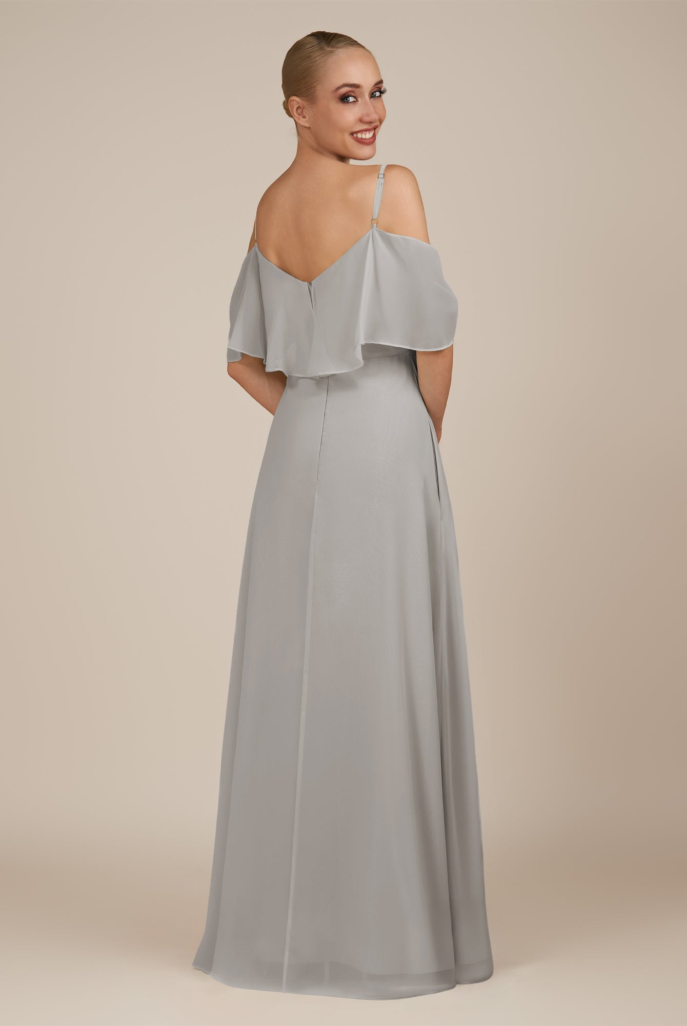 KissDress-Eira Silver A Line Chiffon Off the Shoulder Ruffled Overlay Long Bridesmaid Dress with Slit