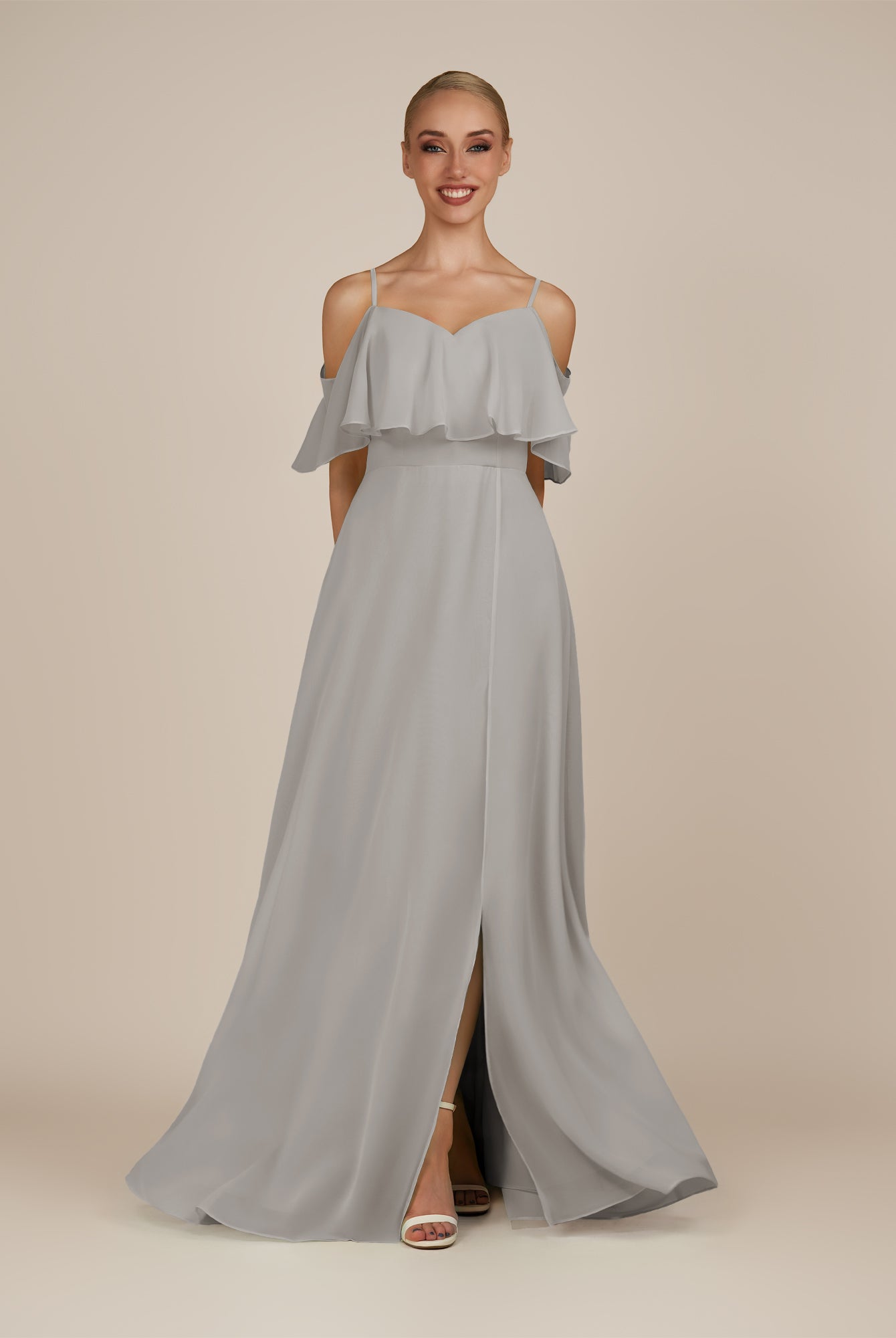 KissDress-Eira Silver A Line Chiffon Off the Shoulder Ruffled Overlay Long Bridesmaid Dress with Slit