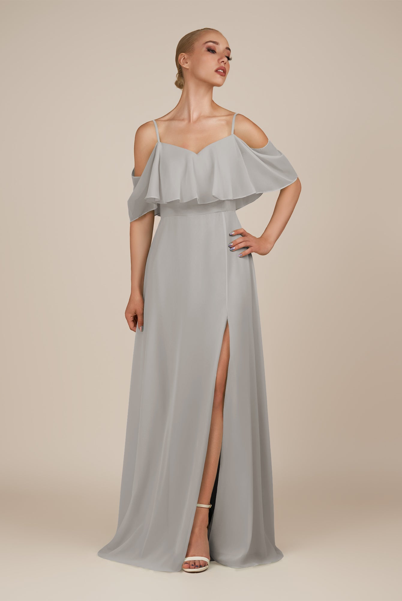 KissDress-Eira Silver A Line Chiffon Off the Shoulder Ruffled Overlay Long Bridesmaid Dress with Slit