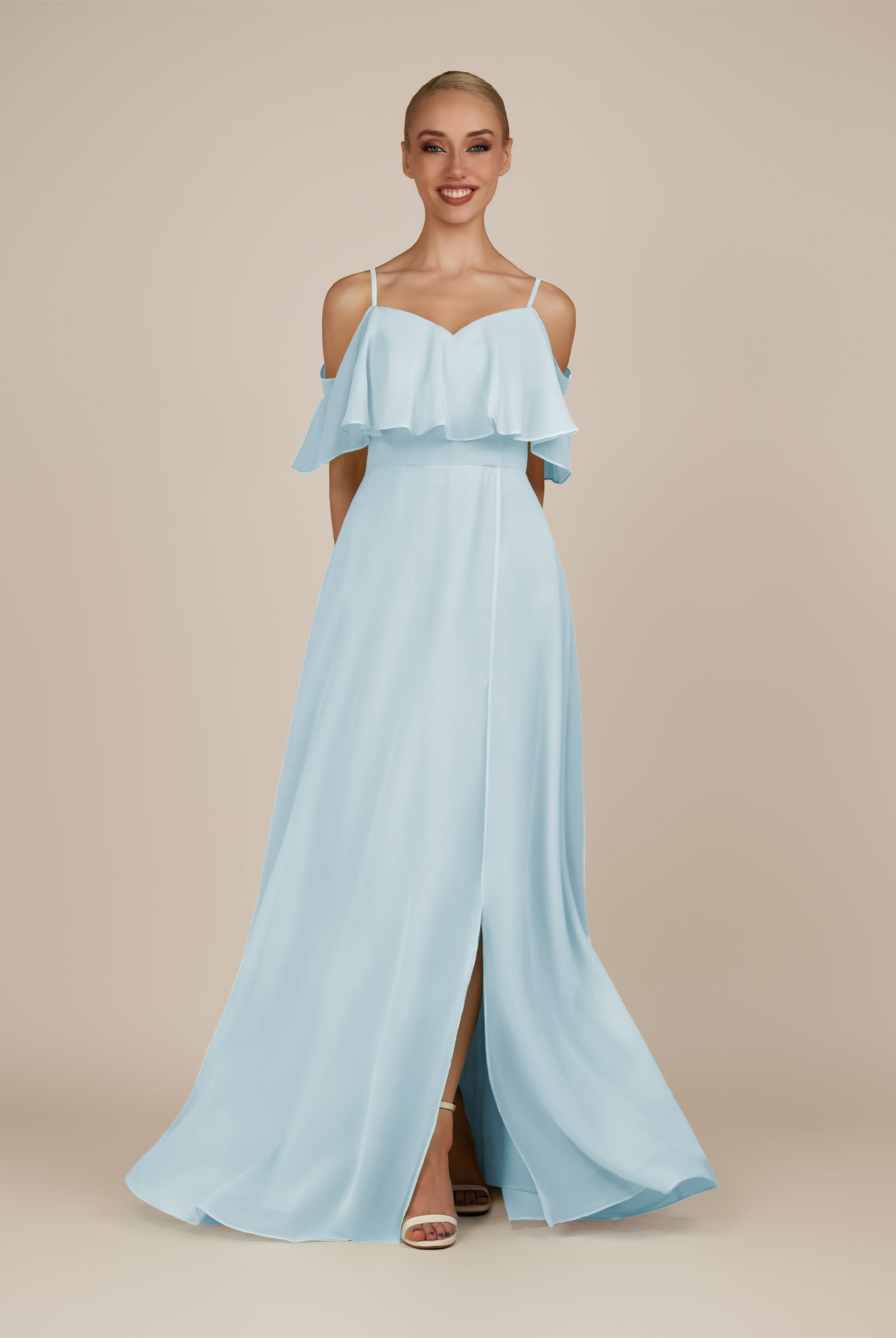 KissDress-Eira Sky Blue A Line Chiffon Off the Shoulder Ruffled Overlay Long Bridesmaid Dress with Slit