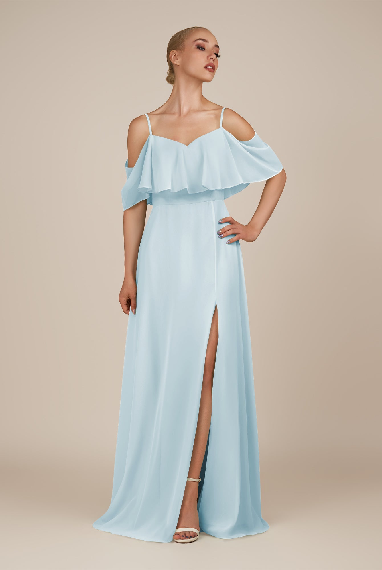 KissDress-Eira Sky Blue A Line Chiffon Off the Shoulder Ruffled Overlay Long Bridesmaid Dress with Slit