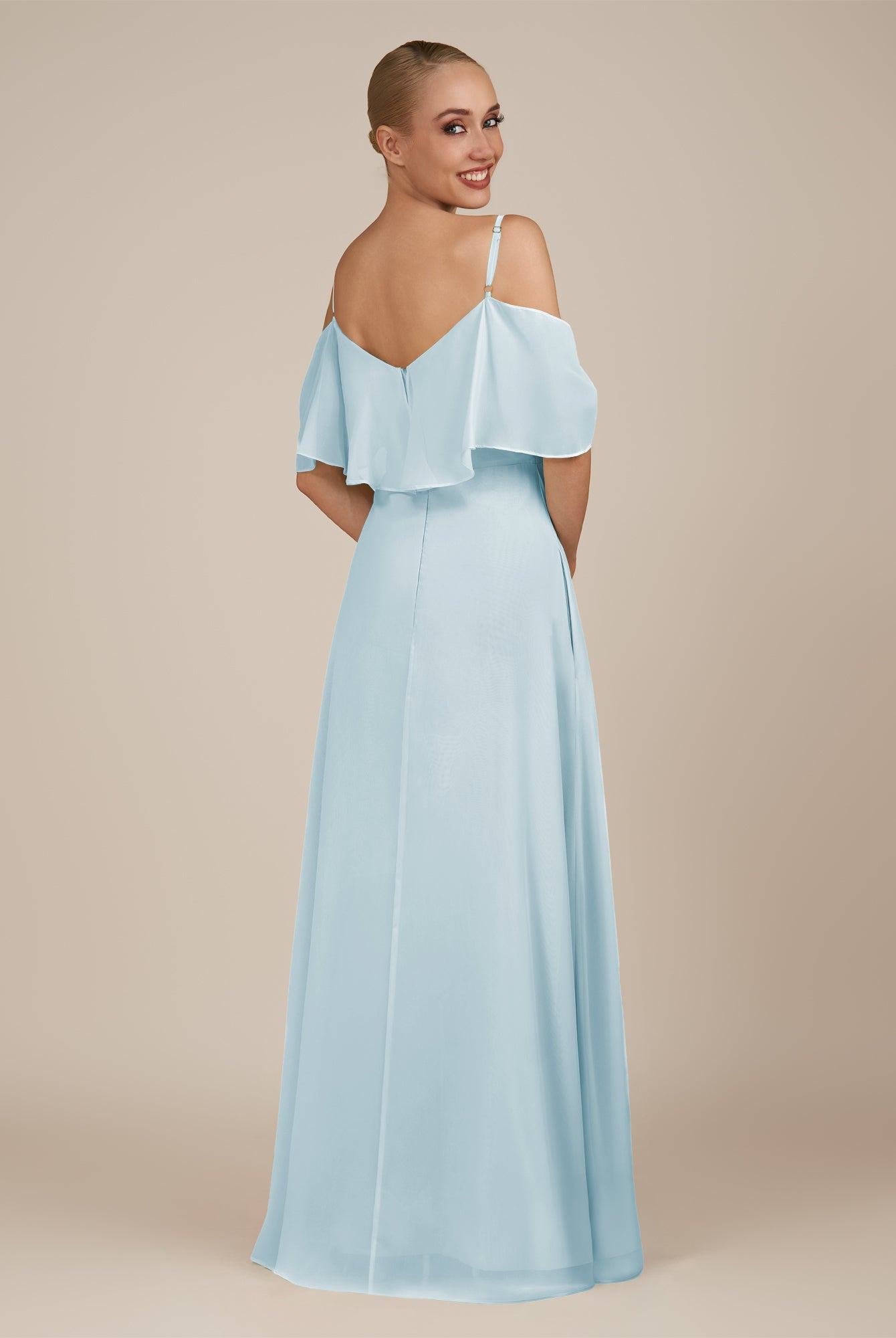 KissDress-Eira Sky Blue A Line Chiffon Off the Shoulder Ruffled Overlay Long Bridesmaid Dress with Slit