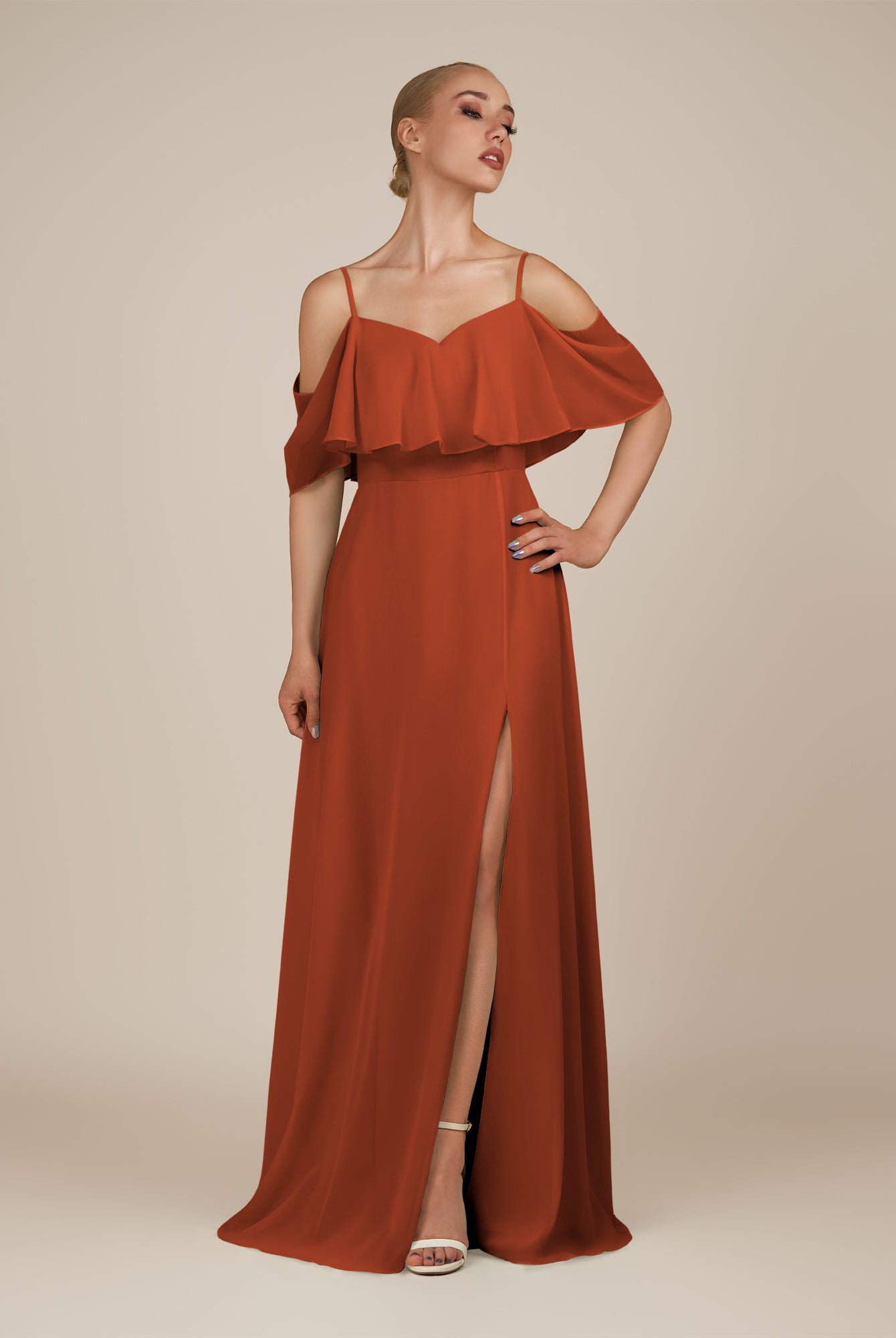 KissDress-Eira Spice A Line Chiffon Off the Shoulder Ruffled Overlay Long Bridesmaid Dress with Slit