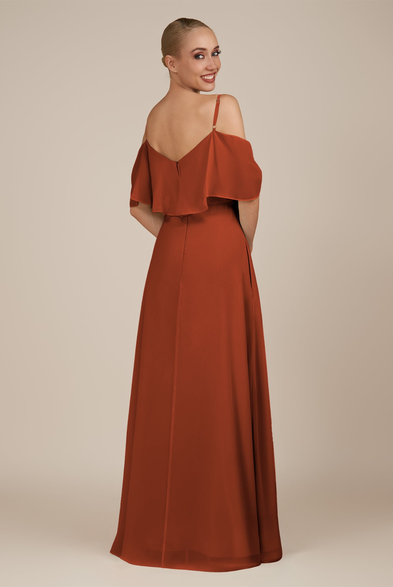 KissDress-Eira Spice A Line Chiffon Off the Shoulder Ruffled Overlay Long Bridesmaid Dress with Slit