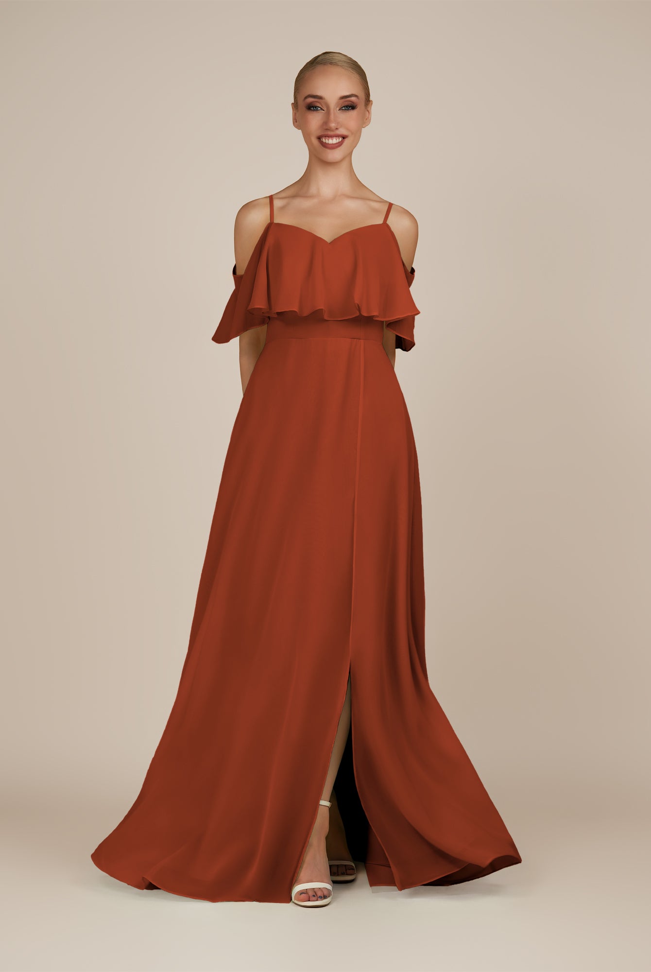 KissDress-Eira Spice A Line Chiffon Off the Shoulder Ruffled Overlay Long Bridesmaid Dress with Slit