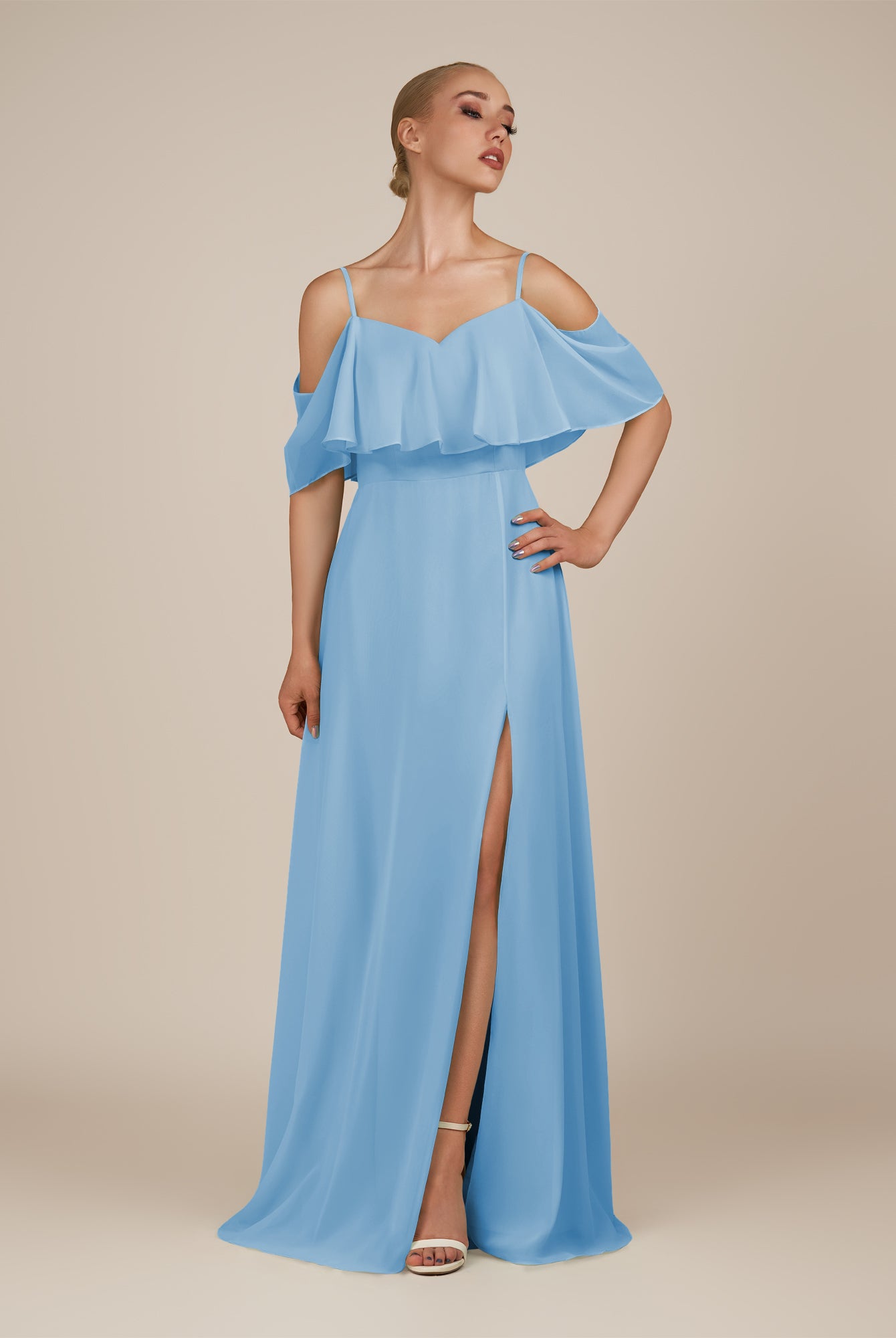 KissDress-Eira Steel Blue A Line Chiffon Off the Shoulder Ruffled Overlay Long Bridesmaid Dress with Slit