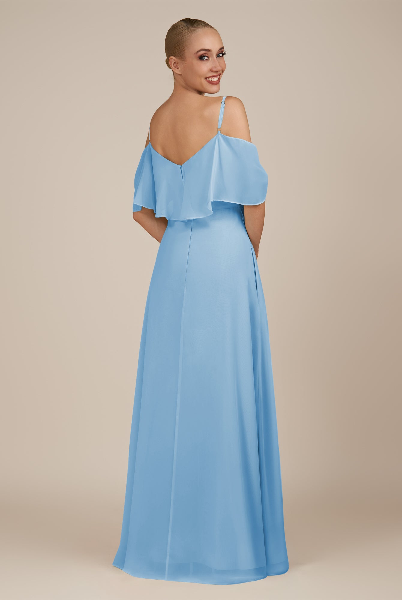 KissDress-Eira Steel Blue A Line Chiffon Off the Shoulder Ruffled Overlay Long Bridesmaid Dress with Slit