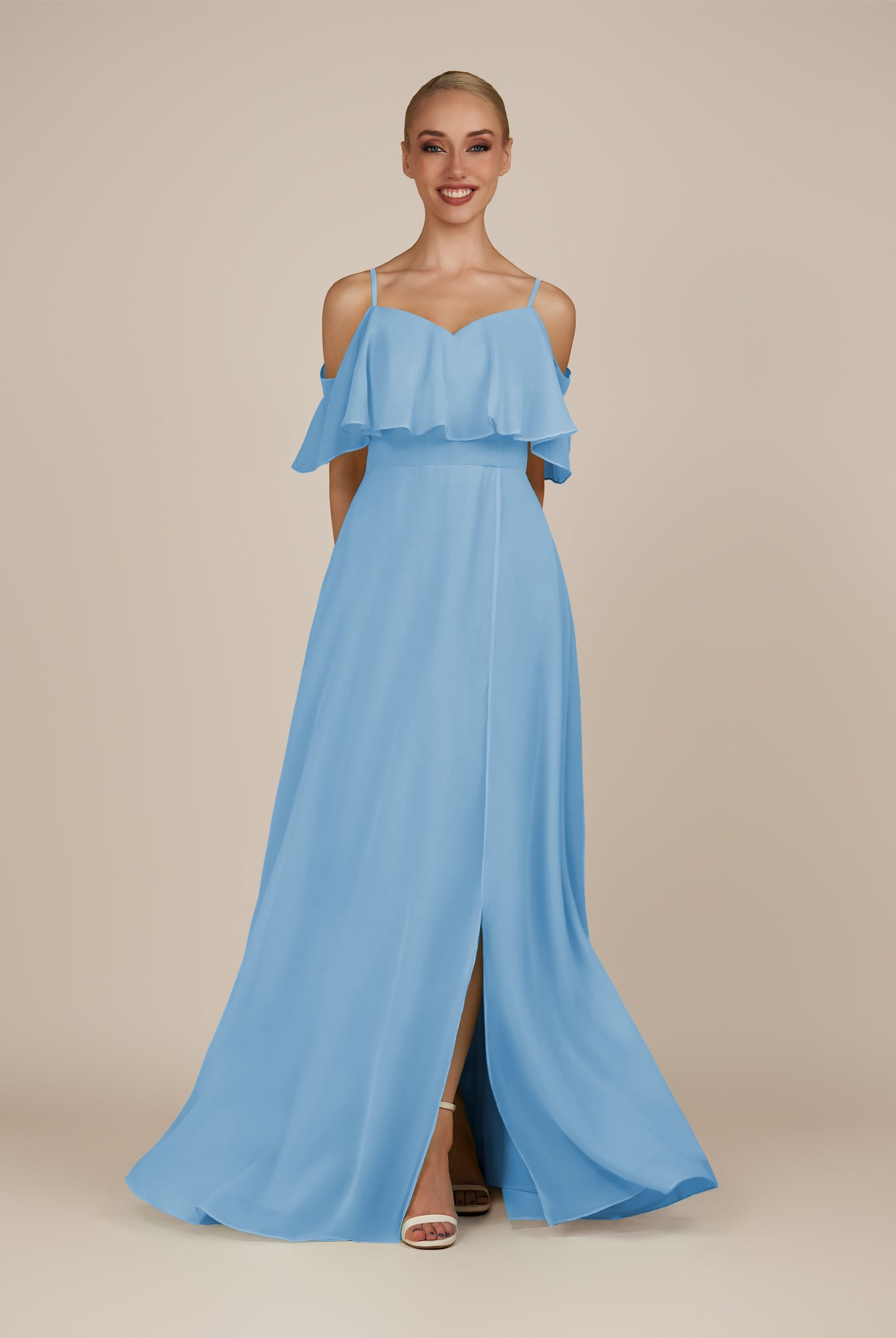 KissDress-Eira Steel Blue A Line Chiffon Off the Shoulder Ruffled Overlay Long Bridesmaid Dress with Slit