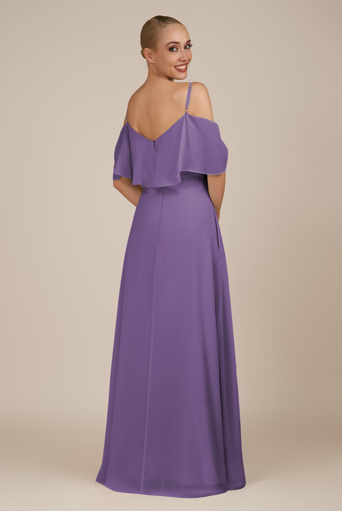 KissDress-Eira Tahiti A Line Chiffon Off the Shoulder Ruffled Overlay Long Bridesmaid Dress with Slit