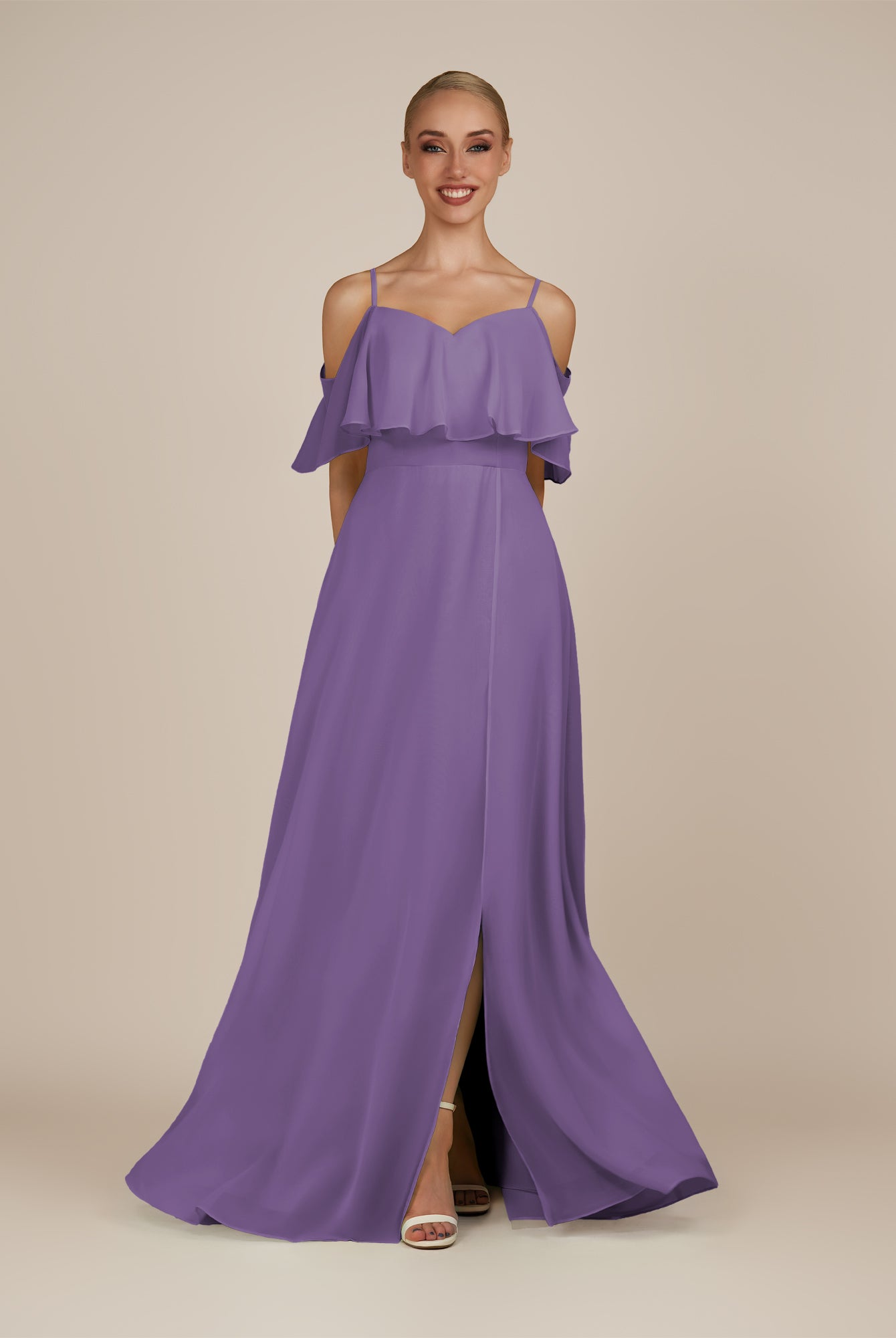 KissDress-Eira Tahiti A Line Chiffon Off the Shoulder Ruffled Overlay Long Bridesmaid Dress with Slit