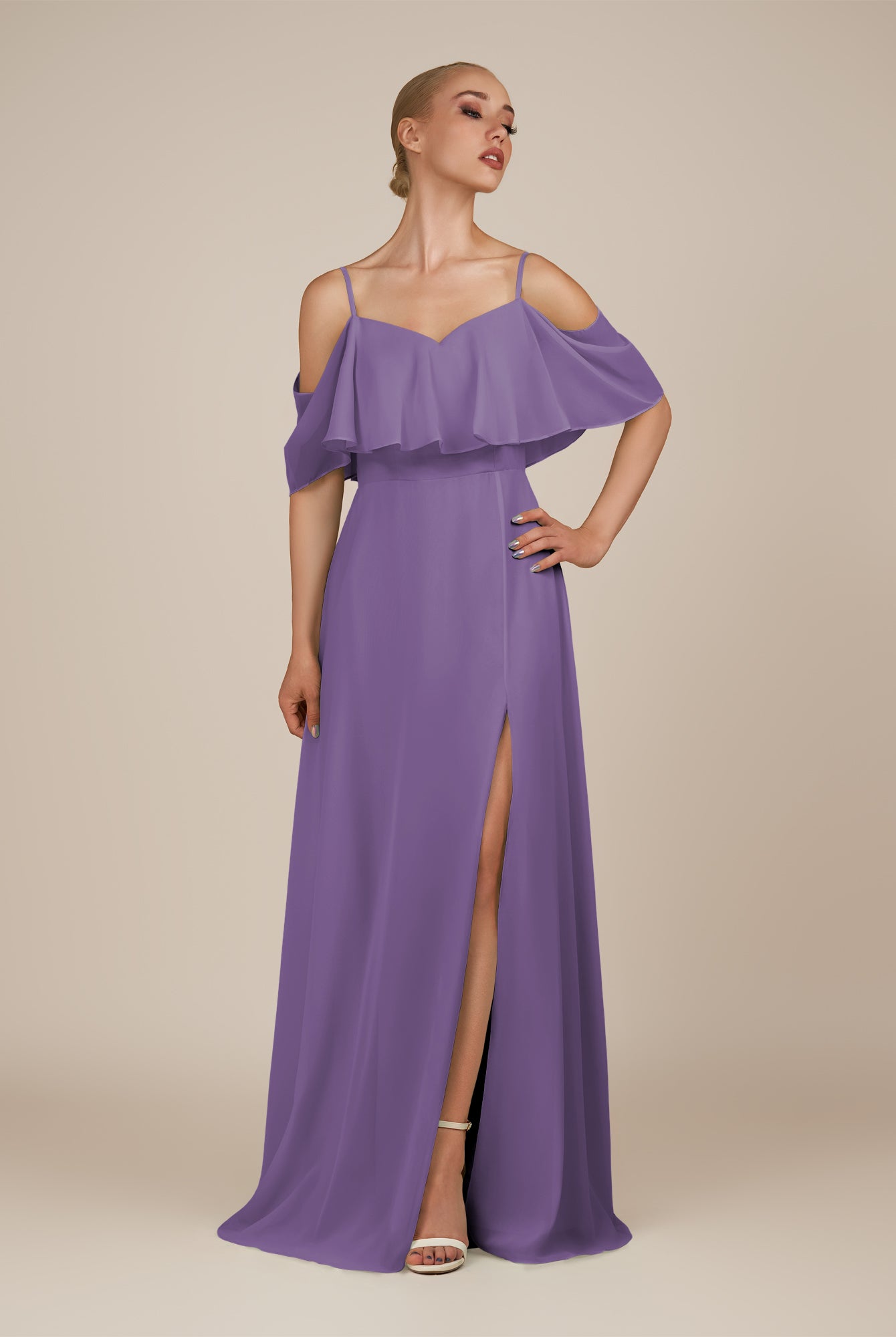 KissDress-Eira Tahiti A Line Chiffon Off the Shoulder Ruffled Overlay Long Bridesmaid Dress with Slit