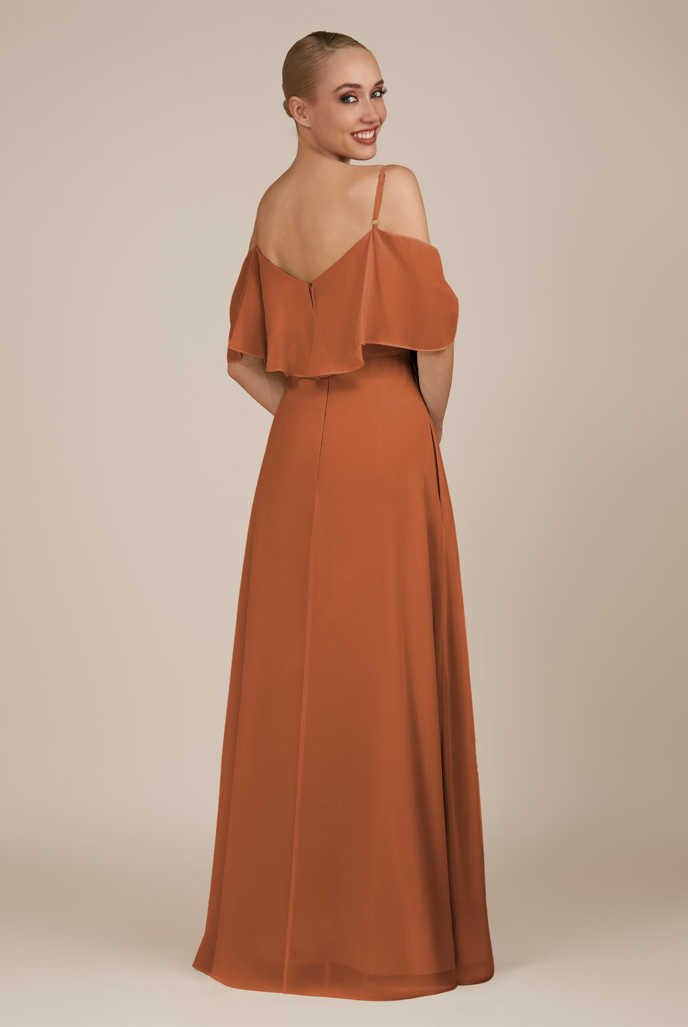 KissDress-Eira Terracotta A Line Chiffon Off the Shoulder Ruffled Overlay Long Bridesmaid Dress with Slit