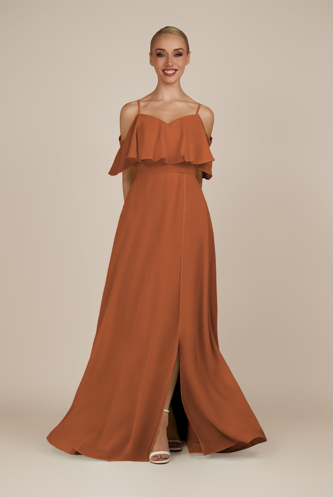 KissDress-Eira Terracotta A Line Chiffon Off the Shoulder Ruffled Overlay Long Bridesmaid Dress with Slit