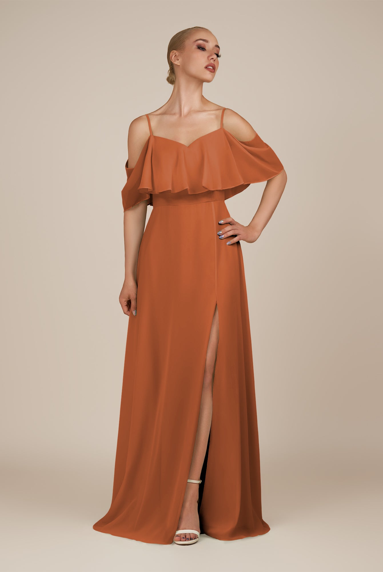 KissDress-Eira Terracotta A Line Chiffon Off the Shoulder Ruffled Overlay Long Bridesmaid Dress with Slit