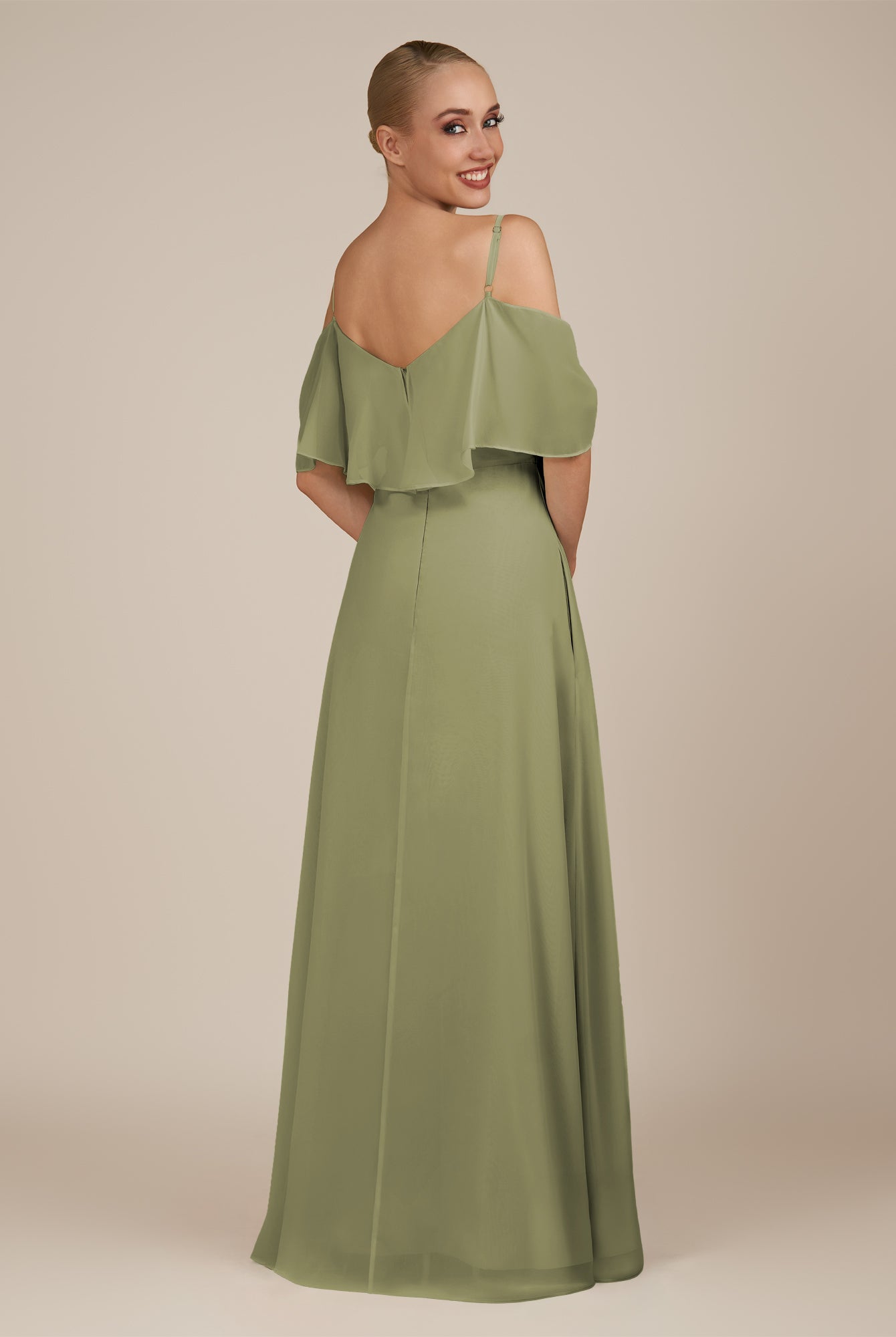 KissDress-Eira Thyme A Line Chiffon Off the Shoulder Ruffled Overlay Long Bridesmaid Dress with Slit