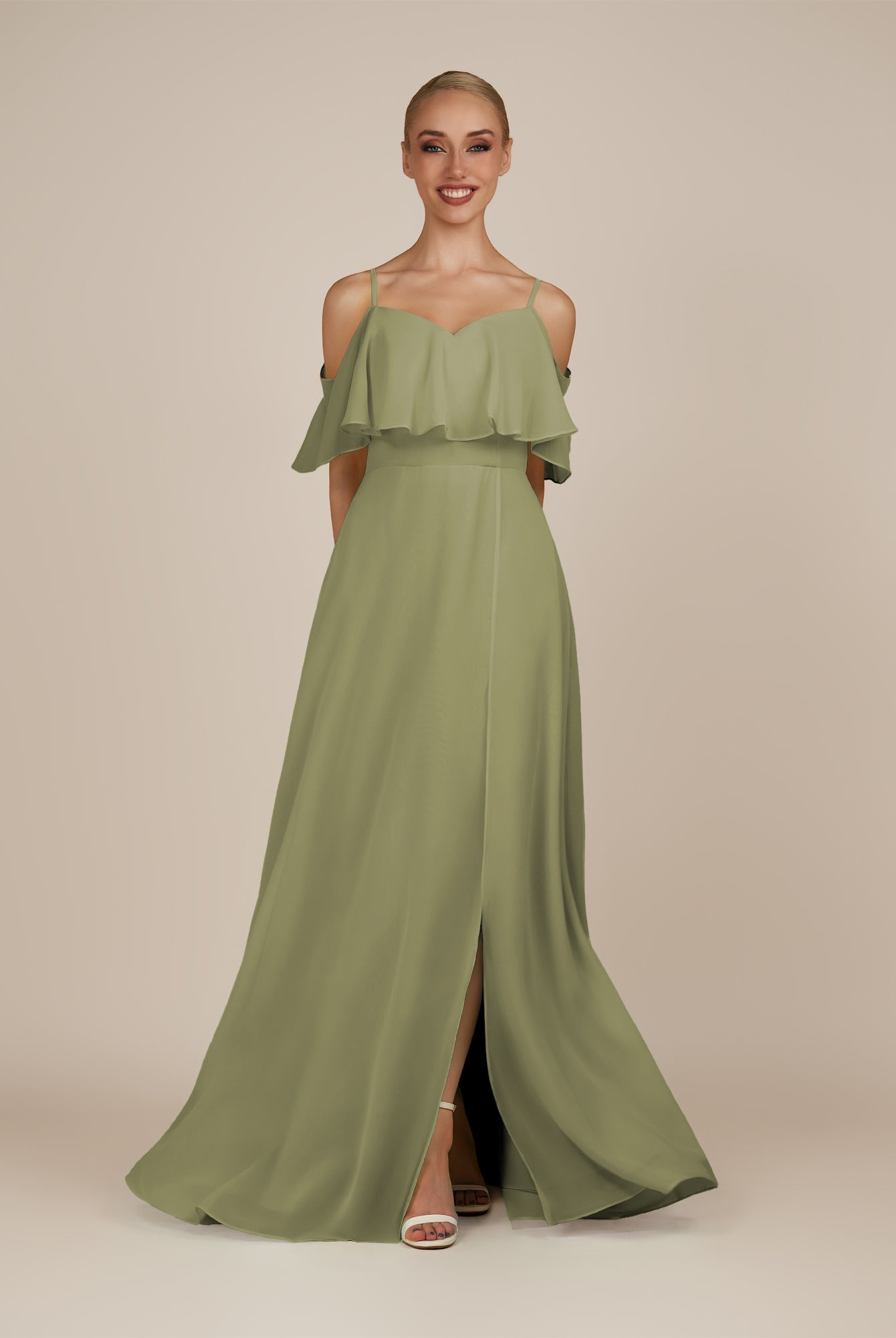 KissDress-Eira Thyme A Line Chiffon Off the Shoulder Ruffled Overlay Long Bridesmaid Dress with Slit