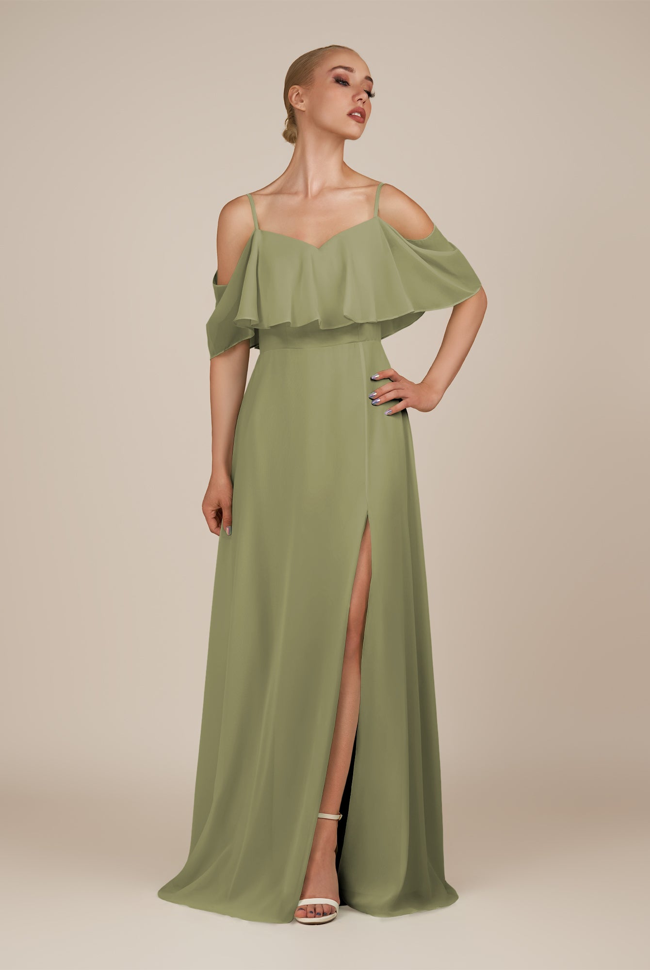 KissDress-Eira Thyme A Line Chiffon Off the Shoulder Ruffled Overlay Long Bridesmaid Dress with Slit