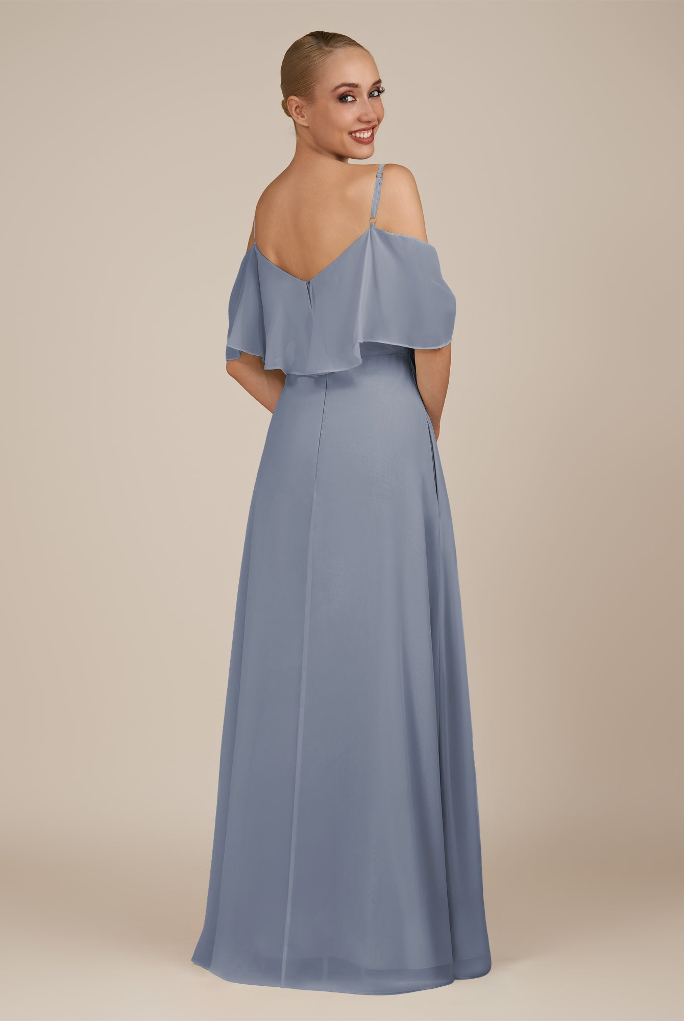 KissDress-Eira Bermuda A Line Chiffon Off the Shoulder Ruffled Overlay Long Bridesmaid Dress with Slit